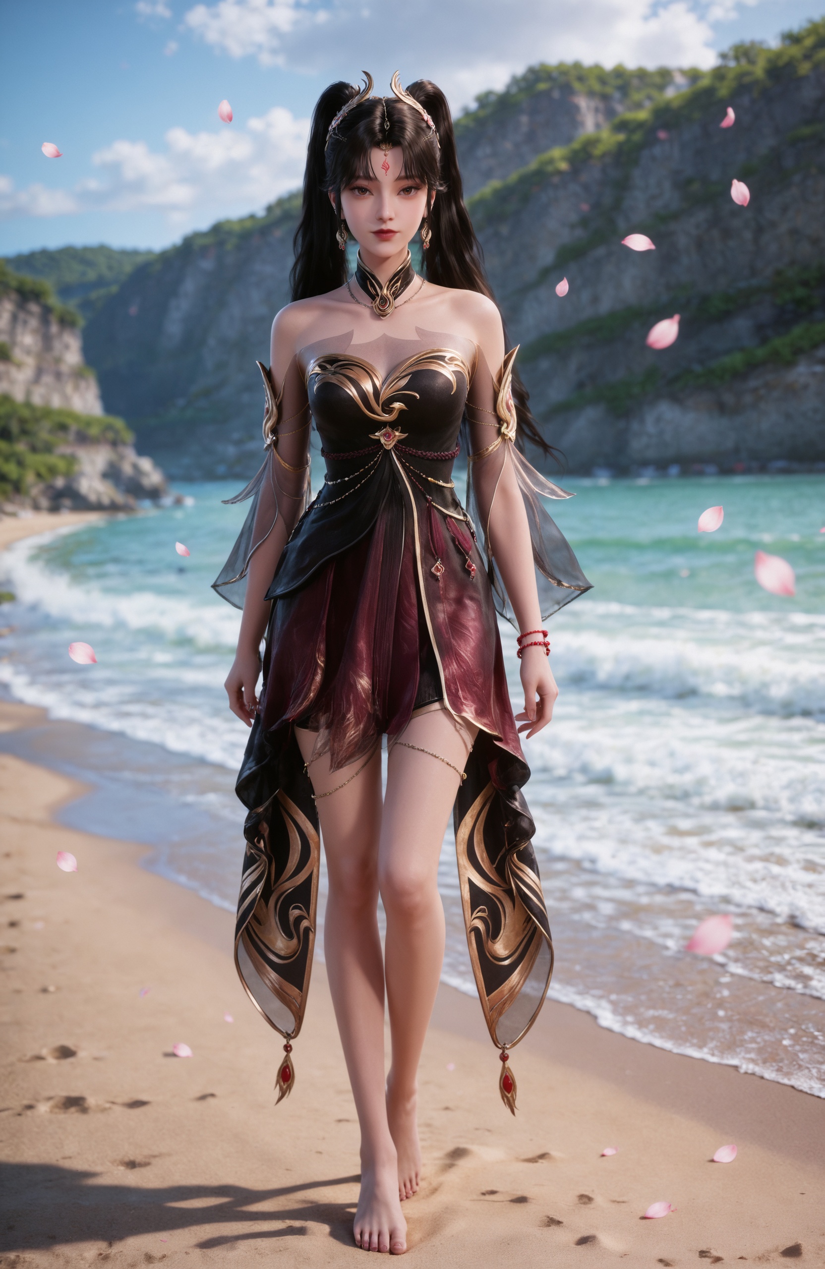 <lora:修罗武神2-蛋蛋Pony-v2:0.7> 1girl, black hair, long hair, hair ornament, forehead mark, earrings, brown eyes, twintails, bare shoulders, black dress, detached sleeves, bracelet,bare legs, barefoot,, masterpiece,best quality,amazing quality,very aesthetic,high resolution,ultra-detailed,absurdres,scenery,photorealistic,looking at viewer,moody lighting,peach blossom,falling petals,realistic,photorealistic details,, standing,Seaside,beach,waves,full body,