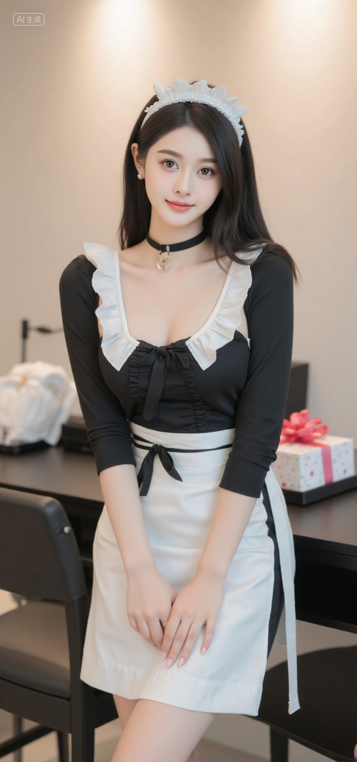 This image depicts a young woman wearing a maid outfit, standing in a modern room., , Main elements: , • Person: A young Asian woman with long black hair, wearing a white headband. Her makeup is delicate, her face is beautiful, she is smiling, and her eyes are looking directly at the camera. , • Clothing: She is wearing a modified maid outfit. The top is a black long-sleeved shirt with white ruffles and a low-cut design. The bottom is a white apron with a black bow tied at the waist. , • Background: The background of the room is a solid-colored wall with sufficient lighting. She is standing in front of a black table, which has some items on it, such as a gift box and a bag. , , Scene details: , • Composition: The photo is a half-body shot, with the person occupying the main part of the picture, while the background is relatively simple, highlighting the figure of the person. , • Lighting: The lighting is soft, coming from the left, illuminating the person's face and body. , • Color: The main colors are black and white, creating a sharp contrast with the person's skin tone. The table and chair are black, and the background is a light color, creating a clean and tidy atmosphere. , • Items: A cake box is placed on the table, indicating that it may be a celebration or a special occasion. , , Other details: , • Posture: Her hands are crossed in front of her body, with an elegant posture and confident eyes. , • Overall atmosphere: The photo presents a sexy and fashionable style. , • Costume design: The maid outfit has been modified to be more modern, while retaining the classic elements of a maid outfit., Negative prompt: ng_deepnegative_v1_75t,(badhandv4:1.2),EasyNegative,(worst quality:2),,nsfw, Steps: 20, Sampler: Euler, CFG scale: 3.5, Seed: 1113673529, Size: 720x1536, Model hash: 49fe535dad, Model: 星梦·电影&电视剧_Film_fp8.safetensors, Denoising strength: 0, RNG: CPU, Lora 1: F.1极致摄影-雅魅俏佳人-CANDY, Lora Hash 1: 4107bd2b36, Lora Weight 1: 0.8, vae_name: automatic