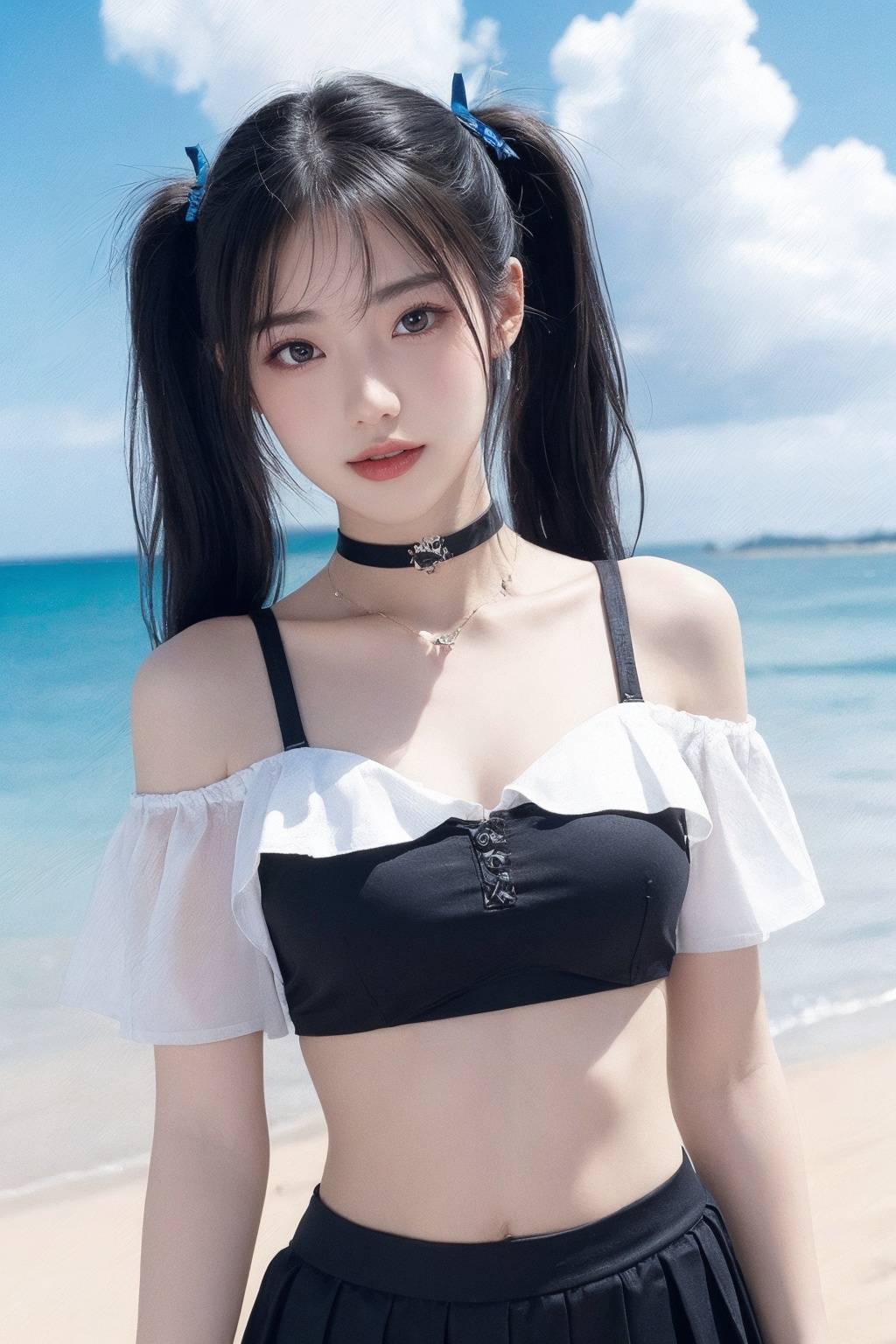 1girl,beach, black choker, black skirt, blue hair, blue sky, bra strap, bracelet, breasts, choker, cloud, cloudy sky, cowboy shot, crop top, cross, day, hair ribbon, jewelry, lips, long hair, looking at viewer, midriff, navel, necklace, ocean, off-shoulder shirt, off shoulder, outdoors, pleated skirt, ribbon, shirt, skirt, sky, smile, solo, standing, twintails <lora:美女:0.66>