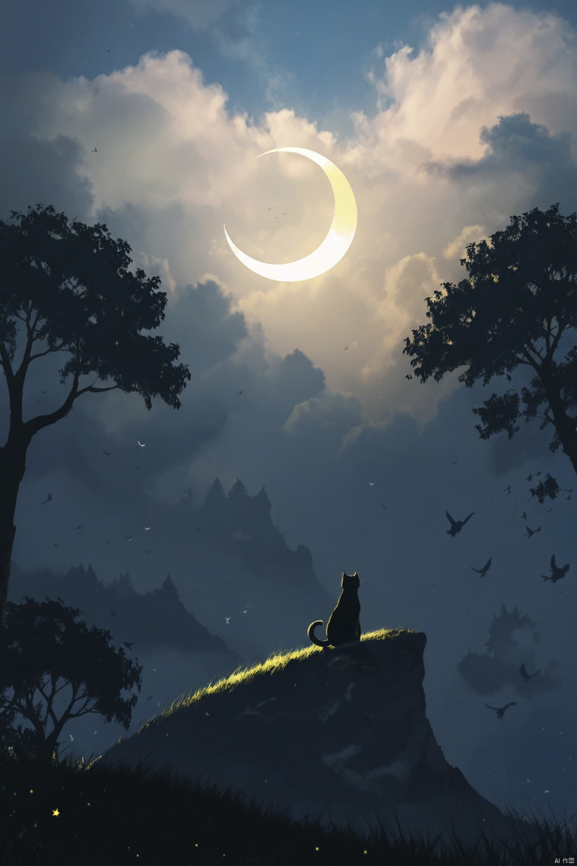 best quality,surreal landscape, silhouette, cat, twilight, tree, oil painting texture, blue and yellow sky, clouds, crescent moon, stars, birds in flight, impressionist art style, nature scene, peaceful atmosphere, cat on cliff,Movie style background<lora:EMS-337925-EMS:0.800000>