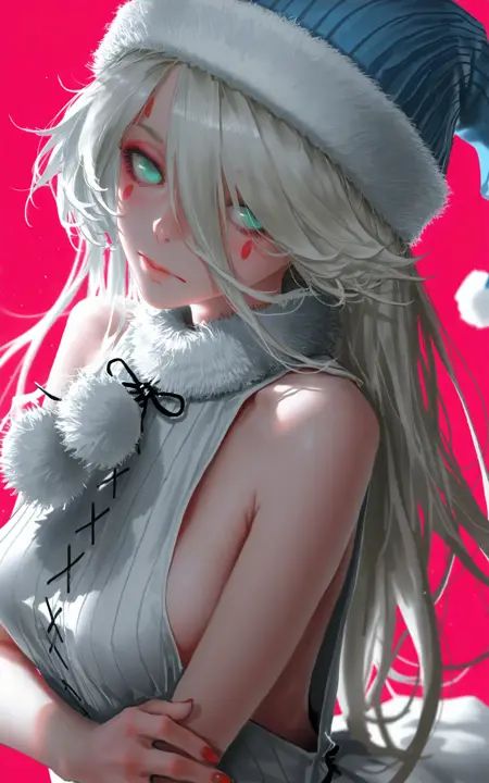 Masterpiece,best quality,amazing quality,newest,very aesthetic,absurdres,(scenery:1.5),8k,good anatomy,good shading,ultra detailed,refined details,high resolution,HD,masterwork,nhl-001,limited palette,realistic,XUER guangying,748cmstyle,Gl9w. (artis:kukka:1.1),(artis:pigeon666:0.67),(artis:remsrar:0.65),(artis:yoneyama mai:0.74),(artis:konya karasue:0.55),(artis:ub1mo:0.34),(artis:dino_(dinoartforame):0.9),(artis:quasarcake:0.8),wlop,(artis:ebifurya:0.52),(artis:mossacannibalis:0.56),(artis:tianliang duohe fangdongye:0.8),(artis:z-ton:0.5),(photorealistic:1.2),(illustration:1.3),high resolution,sharp focus,soft lighting,aged up,close-up,1girl,white hair,blush,hair over one eye,bare shoulders,long hair,blue eyes,green eyes,hair between eyes,medium breasts,blonde hair,hand on own arm,makeup,aqua eyes,long bangs,lips,hat,sleeveless,beanie,sleeveless dress,dress,fur trim,fingernails,multicolored headwear,santa hat,looking at viewer,looking to the side,solo,bare arms,upper body,simple background,from side,red background,pink background,closed mouth,red nails,nail polish,multicolored clothes,fur-trimmed headwear,pom pom (clothes),armpit crease,holding own arm,facial mark,blue headwear,vaporwave,glowing,light particles,(dutch angle:1.2),(depth of field:1.5),(medium\),tesun \(g noh\).,