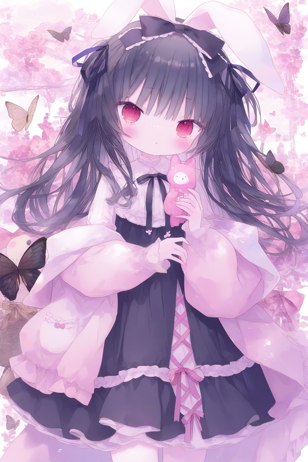 1girl, loli, black hair, dress, long hair, ribbon, butterfly, hair ribbon, red eyes, blushpastel colors, masterpiece, best quality, amazing quality, very aesthetic, absurdres, newest