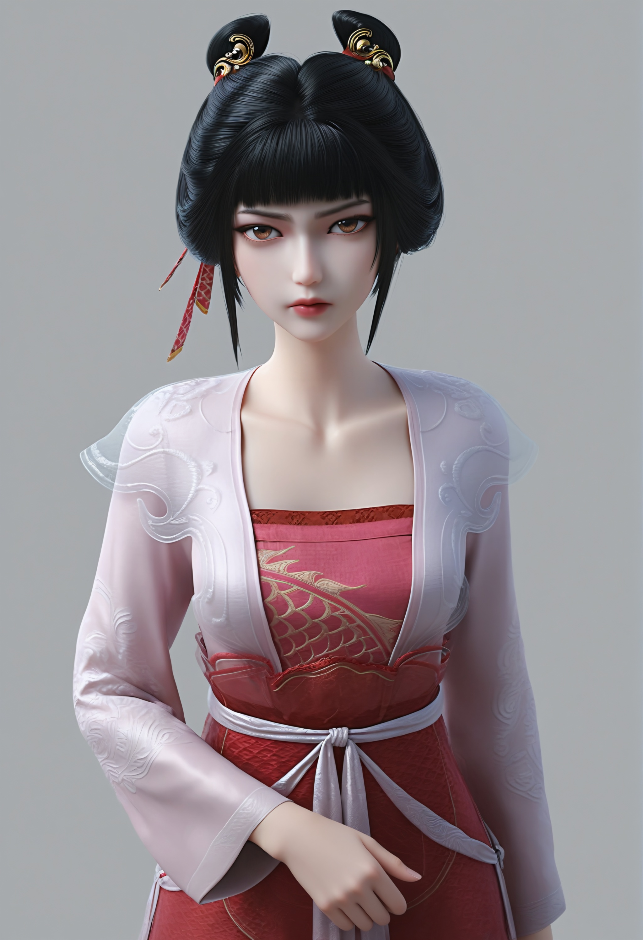 (score_9),<lora:稚圭-Apony:0.86>,zigui,solo,1girl,black hair,hair ribbon,hair ornament,hair bun,bangs,see-through,hanfu,belt skirt,sash,<lora:perfect-eyes:0.8>,(front view:1.1),brown eyes,mature,glamor,collarbone,puffy breasts,pointy_breasts,OverallDetail,(white_skin),(Ivory_skin),simple background,grey background,ambient occlusion,((Subsurface Scattering)),<lora:e色温:0.5>,<lora:e肤色滑块:0.5>,<lora:SkinRealityOrg_ponyv6_loraplus:0.25>,<lora:Expressive_H:0.8>,<lora:detailed_notrigger:0.8>,