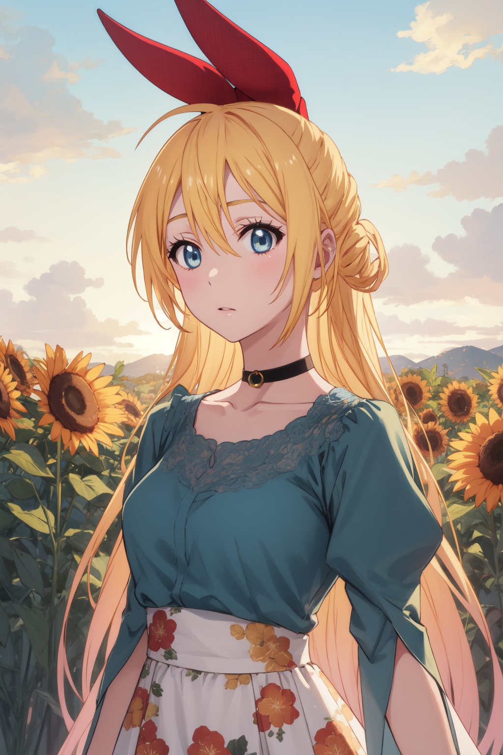 <lora:Chitoge-000008:0.8>,Chitoge CYQL,1girl,looking at viewer,solo,long hair,blonde hair,hair between eyes,ribbon,hair ribbon,red ribbon,hair bow,blue eyes,choker,Floral print smocked sundress with puff sleeves and a ruffled hem,laughing,portrait,Sunflowers, Field, Sky, Sunlight, Bees, Yellow, Horizon, Serenity,(Bluebells, Ferns, Oak trees, Fresh green leaves, Dappled sunlight, Woodland animals:0.5),beautiful detailed sky,beautiful detailed glow,posing in front of a colorful and dynamic background,masterpiece,best quality,beautiful and aesthetic,contrapposto,female focus,wallpaper,