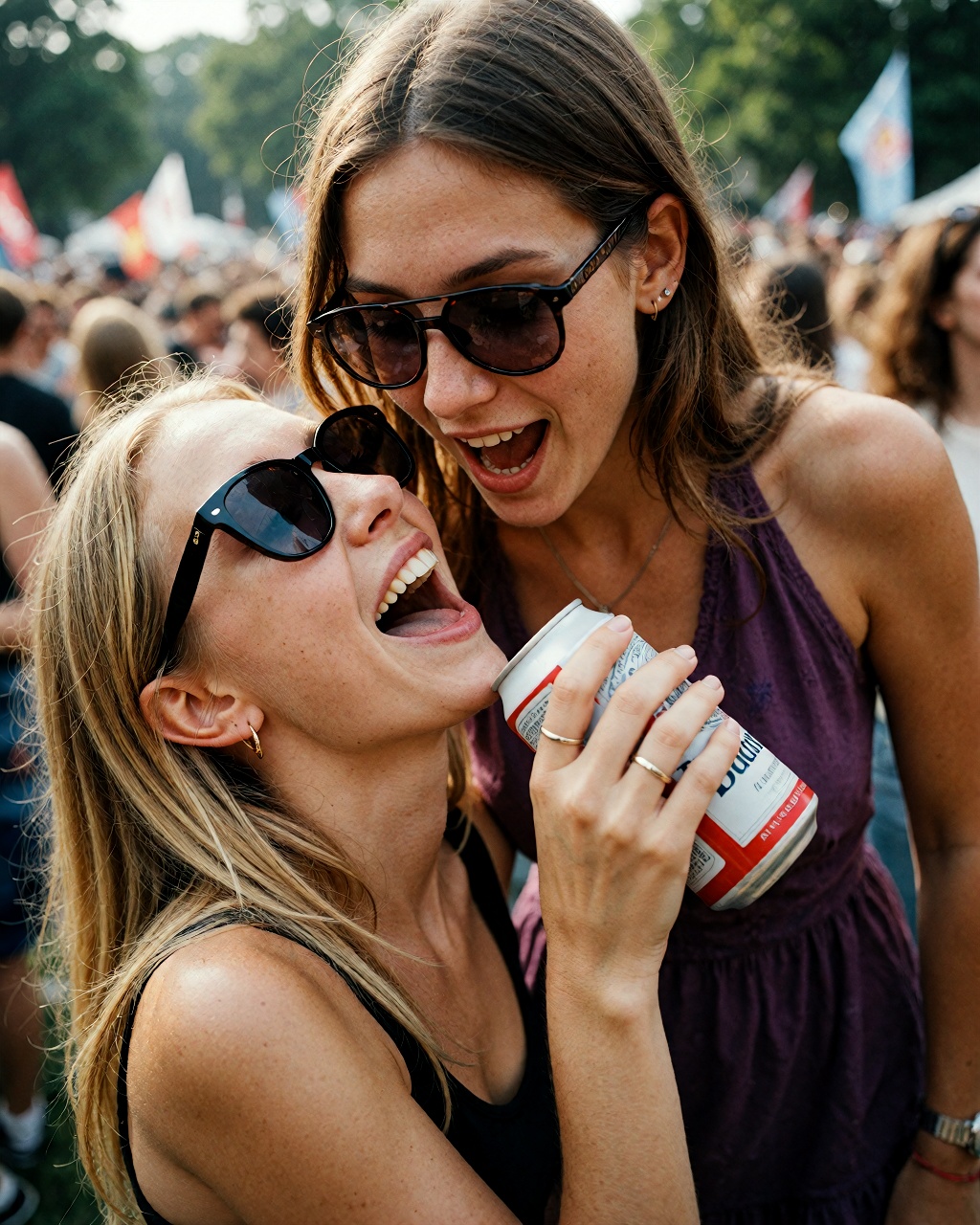 A vibrant outdoor festival scene bathed in golden sunlight,  capturing two young Caucasian women locked in a dynamic,  joy...