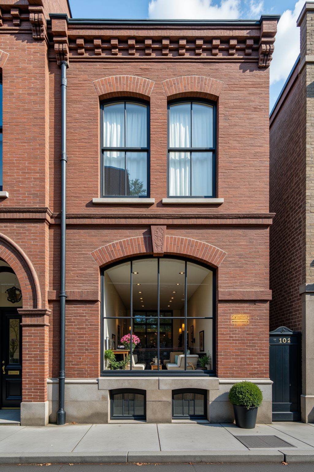 building with windows, features a brick wall with a window and,with some blurred architectural details. The overall scene is well-lit, street, day, clouds