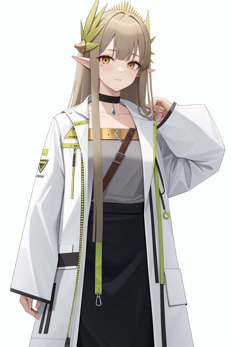<lora:缪尔赛思v2:1:lbw=char>,muelsyse,1girl,solo,long sleeves,white coat,open coat,black choker,white jacket,mole,high quality,collarbone,shirt,open jacket,laurel crown,black skirt,, (masterpiece,best quality,high quality:1.4),absurdres,