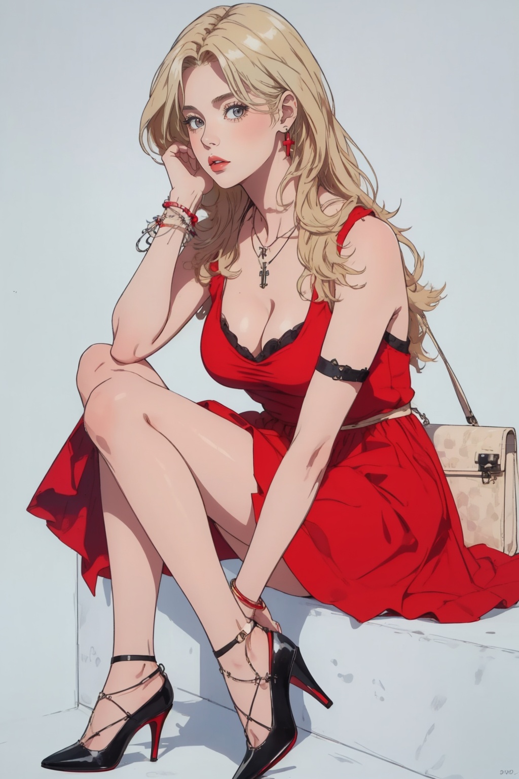 (best quality),((masterpiece)),(highres),illustration,original,extremely detailed,1girl,solo,red dress,bag,jewelry,blonde hair,high heels,long hair,necklace,dress,cross,eyes,sitting,bracelet,handbag,cross necklace,white background,breasts,black footwear,sideboob,simple background,earrings,short dress,<lora:美人吟-时女BeautySinging-TimeGirl:0.7>,