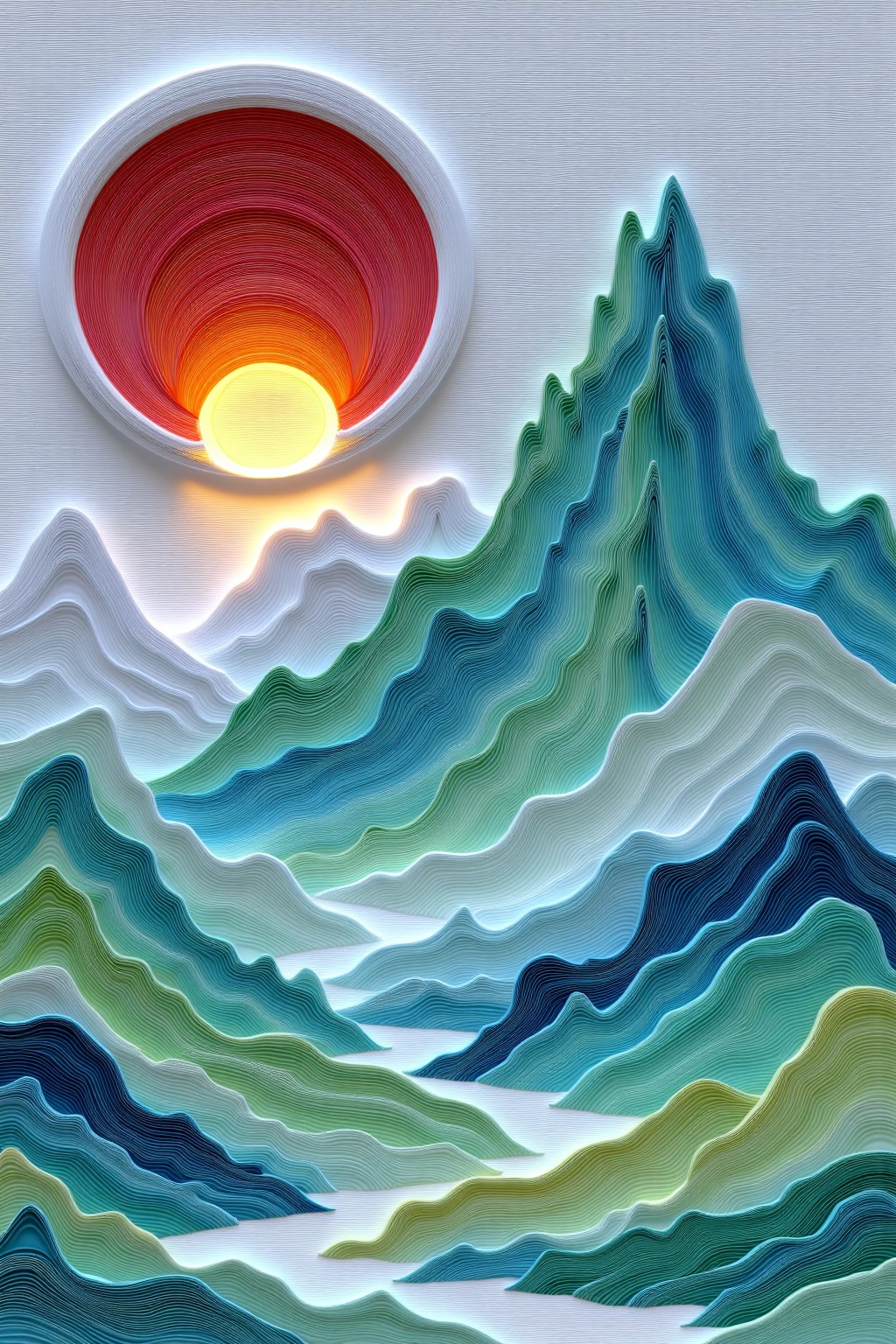 beijihui,a mountain peak and sun with silhouette layers, each elevation cut from paper and stacked to form a bold 3D landscape