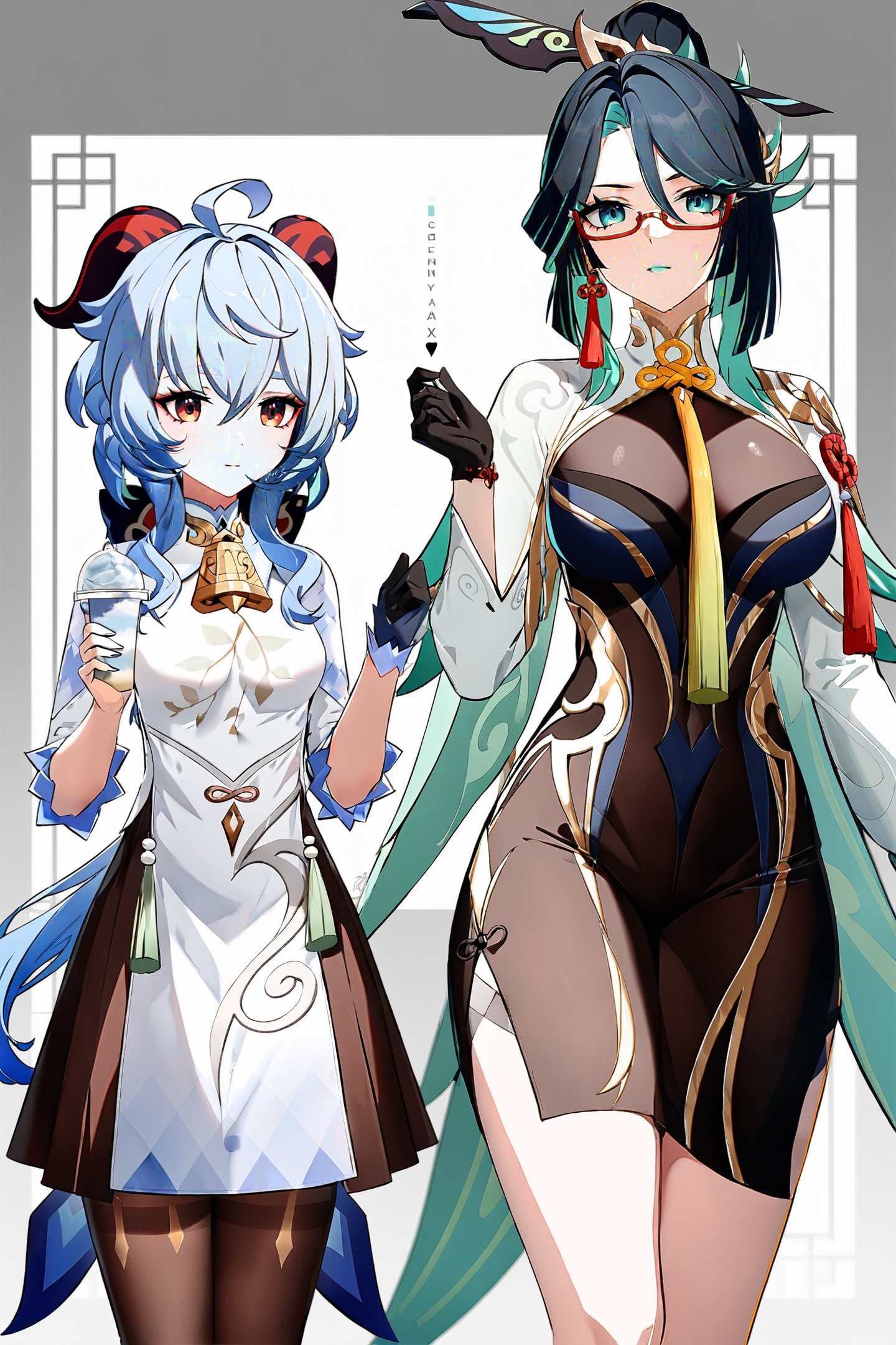 8k, best quality, masterpiece, (ultra-detailed:1.1), (high detailed skin), <lora:ganshenxian-A3-Tanger-000010:0.7>, 2girls, Ganyu's casual clothes, ganyu \(genshin impact\), Xianyun \(genshin impact\), Xianyun's def clothes, 