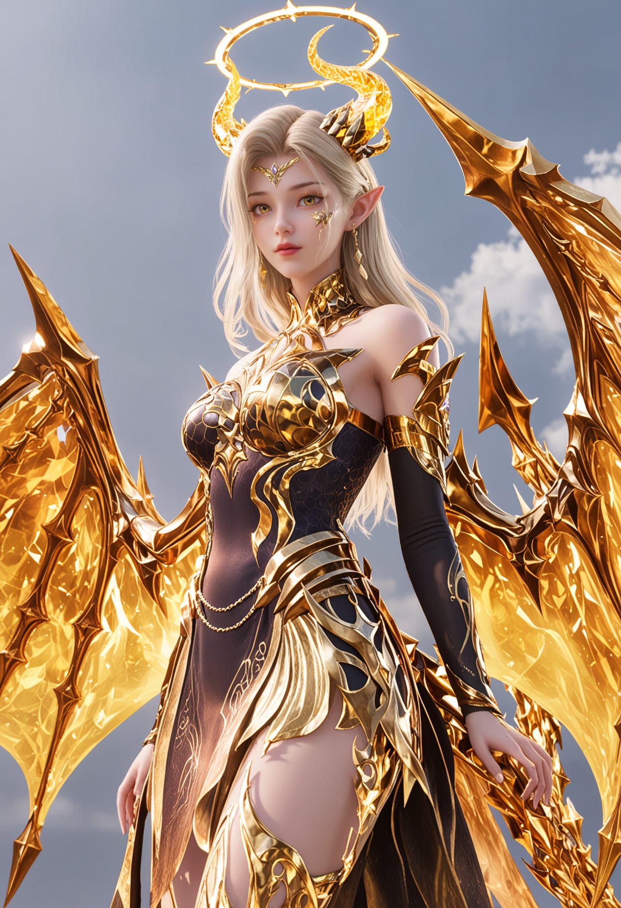 score_9,high detail,best quality,cinematic lighting,volumetric lighting,shiny skin,shiny,1girl,solo,blonde hair,pointy ears,jewelry,yellow eyes,long hair,dragon wings,dragon horns,halo,looking at viewer,white background,earrings,detached sleeves,gold trim,dress,breasts,armor,bare shoulders,tail,arms_behind_back,simple background,<lora:QQSponyshengyulonglingV1:0.8>,<lora:Pony_DetailV2.0:0.8>,<lora:皮肤凹痕:0.1>,