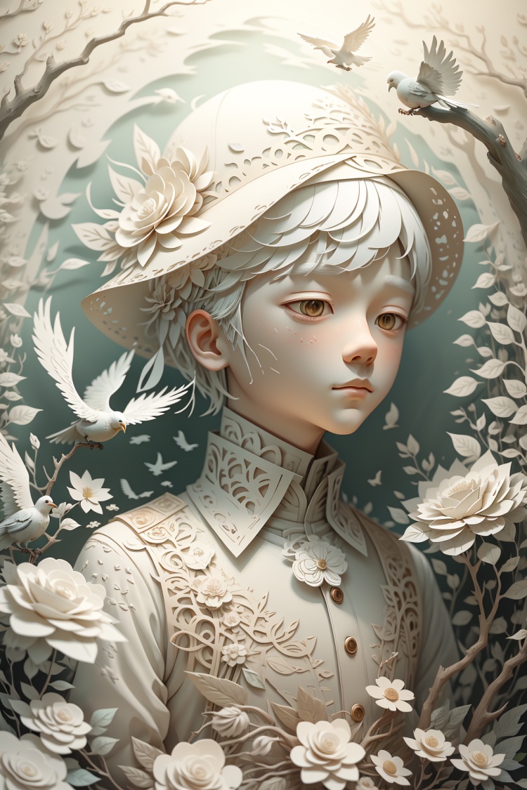 (A boy),Paper carving art,bird,solo,fantasy - inspired art,digital art wonders,flower,hat,short hair,white hair,white flower,<lora:Paper carving art纸雕艺术:1.2>,Clean background,暖色,温暖的光线,