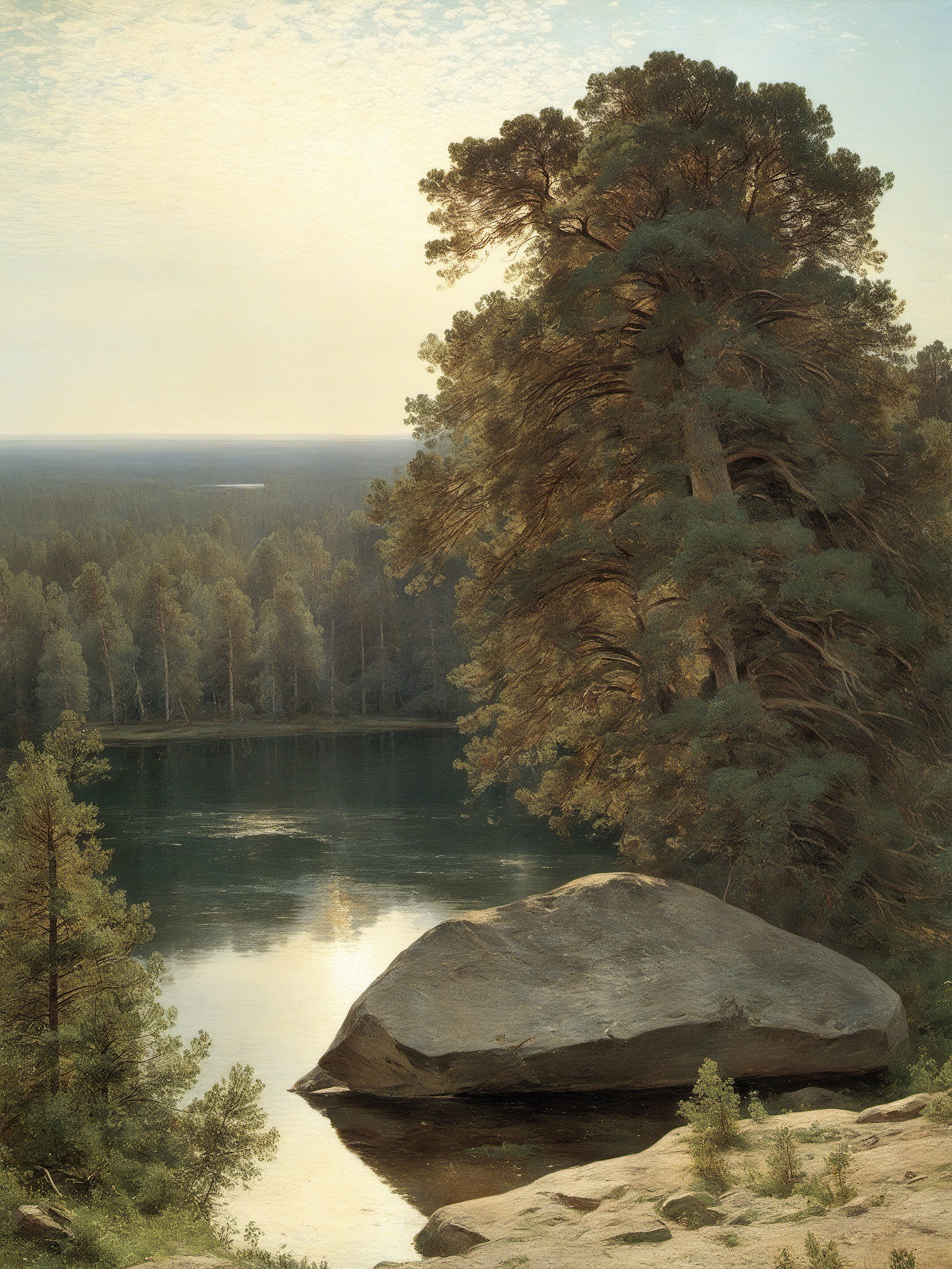 ivan Shishkin, nature, tree, rock, lake, cloud, scenery, sunlight,