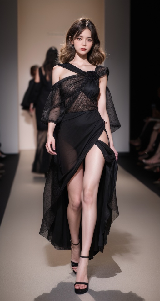 1girl,Stunningly Beautiful Girl,Haute_Couture,designer dress,wearing Haute_Couture,posing for a picture,fashion show,Long shaped face,angry,crazy,dark red eyes,Sandy Blonde side-swept hair,short hair,long ringlets,catwalk \(walkway\),colorful,vivid colors,masterpiece,best quality,absurdres,highest quality,amazing details,8k,aesthetic,