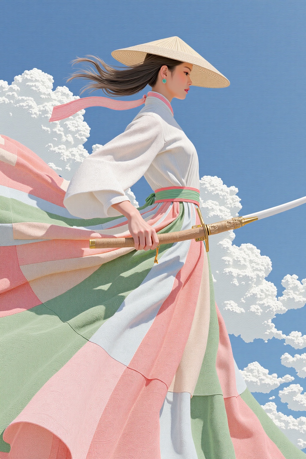 beijihui,The image depicts a woman dressed in traditional attire, holding a sword. She is wearing a wide-brimmed hat and a flowing skirt made up of patchwork fabric in shades of pink, green, and white. The background features a clear blue sky with fluffy white clouds, giving a sense of openness and freedom. The woman appears to be in motion, as suggested by the dynamic flow of her skirt and the slight blur of the fabric. The overall composition conveys a sense of elegance and strength, blending traditional elements with a modern artistic style.
