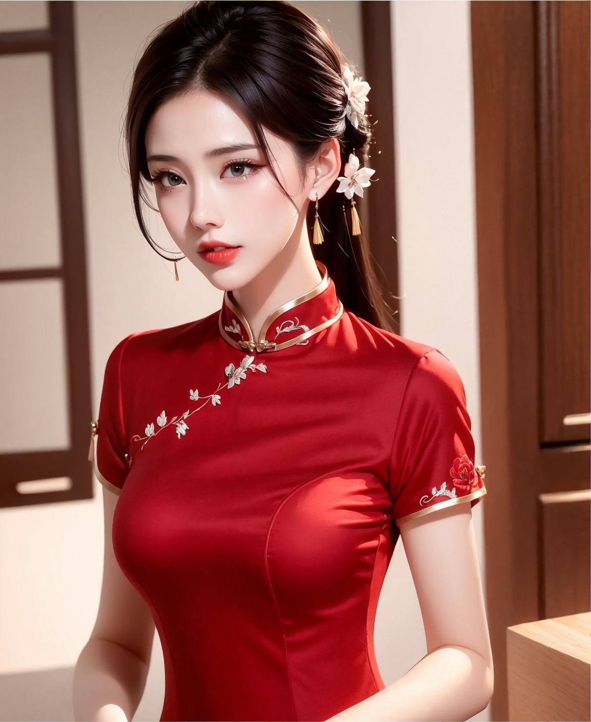 1 girl, Diamond earrings ,lipstick,,,,,black hair,,, ,embroider，solo，，transparent，red，Full breasts，printing，,solo，temperament ，cheongsam，Upper half photo，close-up，red dress，Close up，side，Side photo，red dress， <lora:红色旗袍1.2:1>