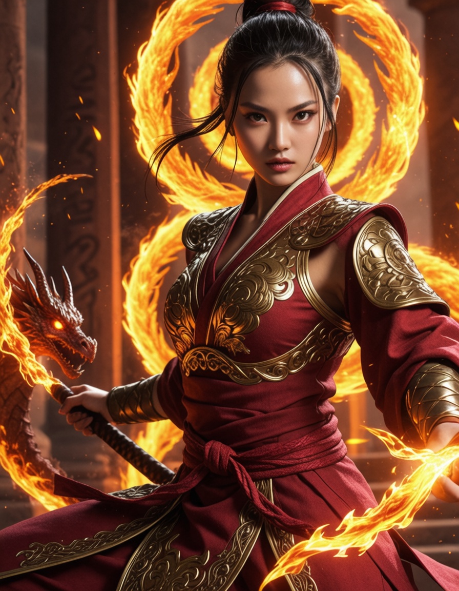 fire magic,  firebender,  female martial artist on Tensor.Art