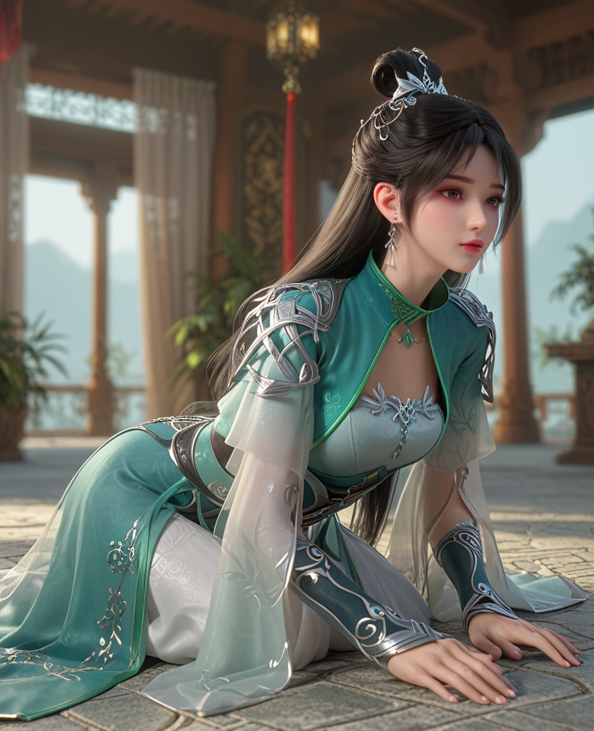 (oriental architecture, elegant decor, sophisticated style:1.1),(Sitting with legs extended and leaning forward to touch the toes:1.1),(breasts:1.2),<lora:XL百炼成神路人欣欣:0.95>,miss xinxin,black hair,jewelry,dress,earrings,long hair,hair ornament,hair bun,necklace,green dress,brown eye,, zPDXL2, score_9, score_8_up, score_7_up BREAK realistic, masterpiece,best quality, highly detailed,, zPDXL3, zPDXL2,zPDXL, zPDXLxxx, zPDXLrl,