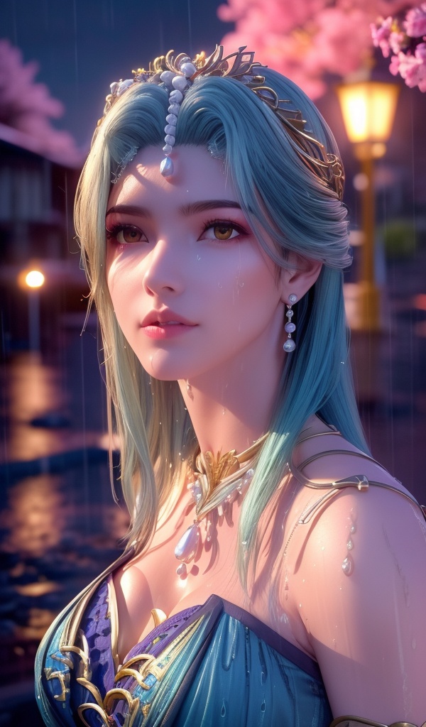 <lora:642-DA-完美世界-龙女:0.8>(,1girl, ,best quality, ),looking at viewer, ,ultra detailed 8k cg, ultra detailed background,  ultra realistic 8k cg,          cinematic lighting, cinematic bloom, (( , )),,  , unreal, science fiction,  luxury, jewelry, diamond, pearl, gem, sapphire, ruby, emerald, intricate detail, delicate pattern, charming, alluring, seductive, erotic, enchanting, hair ornament, necklace, earrings, bracelet, armlet,halo,masterpiece, (( , )),,  ,cherry blossoms,(((, night,night sky,lamppost,  ultra high res, (photorealistic:1.4), raw photo, 1girl, , rain, sweat, ,wet, )))(( , ))   (cleavage), (),