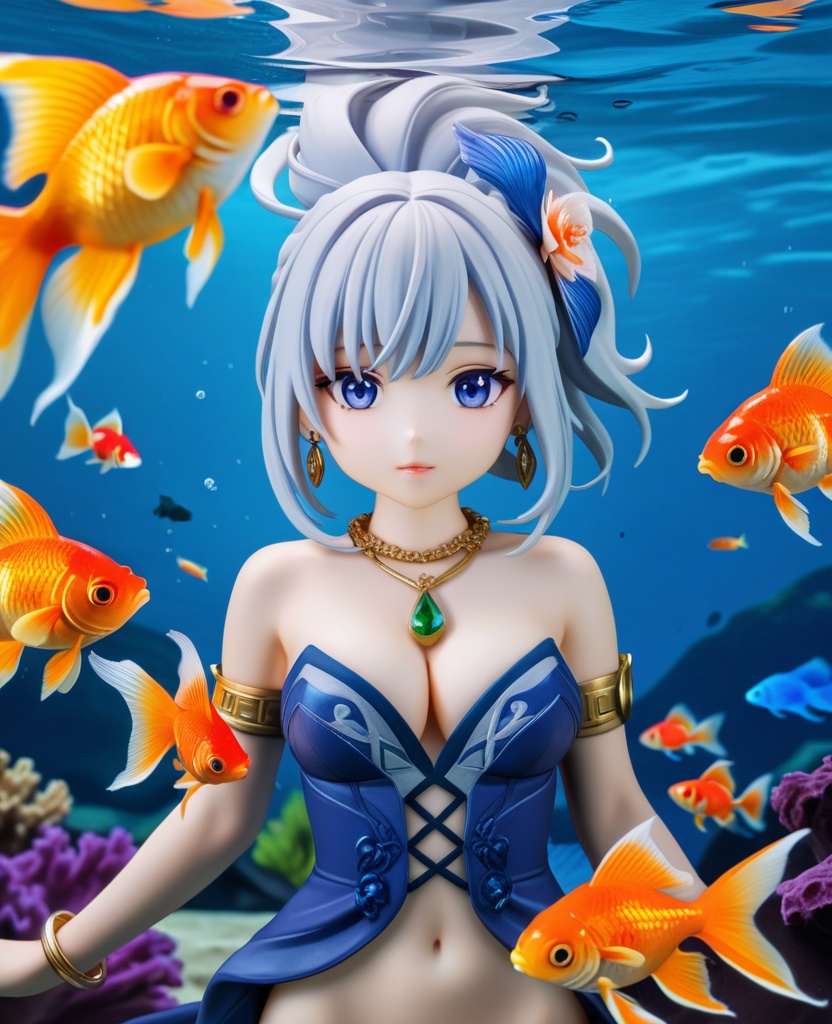 (,1girl, ,best quality, ),looking at viewer,masterpiece, ((((, solo,  goldfish, ,solo focus, ,underwater, )))) ,ultra realistic 8k cg,   clean, masterpiece,     cinematic lighting, cinematic bloom,  (( , )),, , unreal, science fiction, luxury, jewelry, diamond, gold, pearl, gem, sapphire, ruby, emerald, intricate detail, delicate pattern, charming, alluring, seductive, erotic, enchanting, hair ornament, necklace, earrings, bracelet, armlet,,(cleavage),