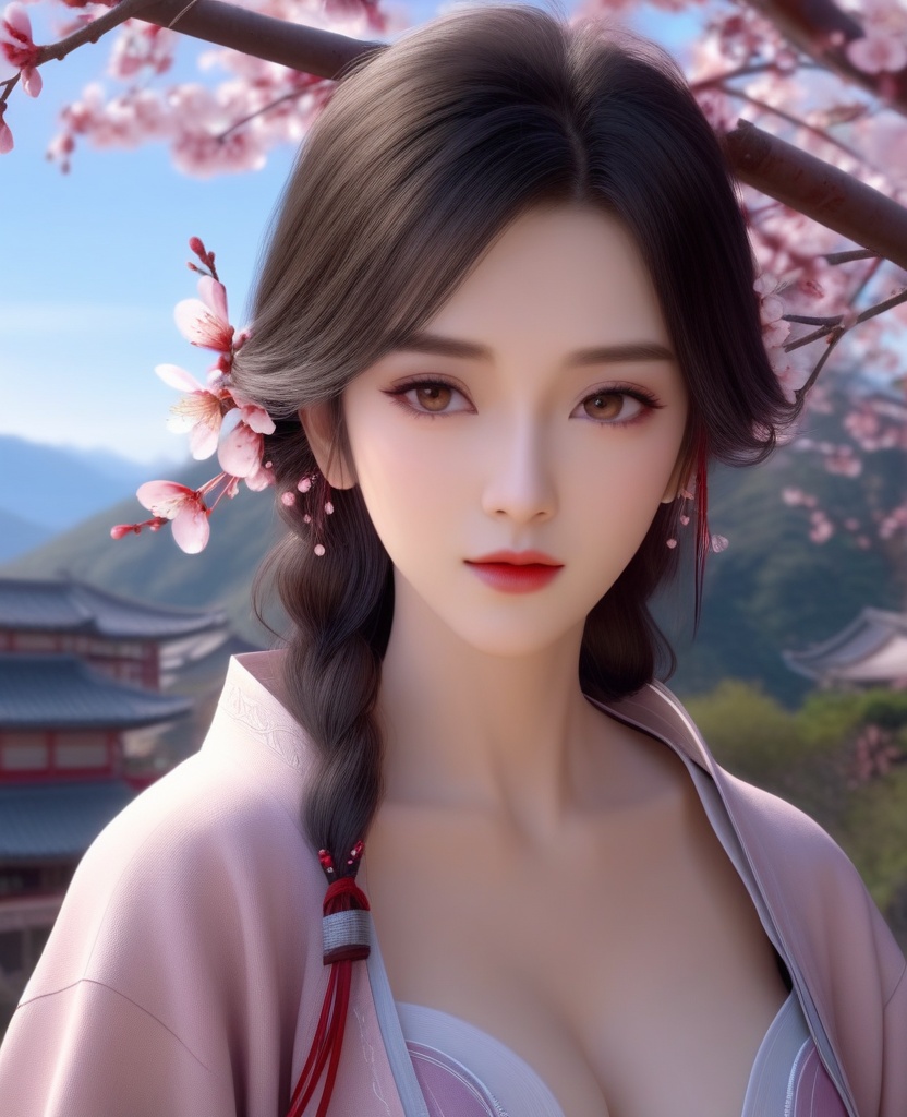 <lora:585-DA-XL-眷思量-璎陌:0.8>(,1girl, ,best quality, ),looking at viewer,  ,ultra detailed background,ultra detailed background,ultra realistic 8k cg,, ,masterpiece, (( , )),, ,   plum blossoms,    ,,  (cleavage), (), ,,