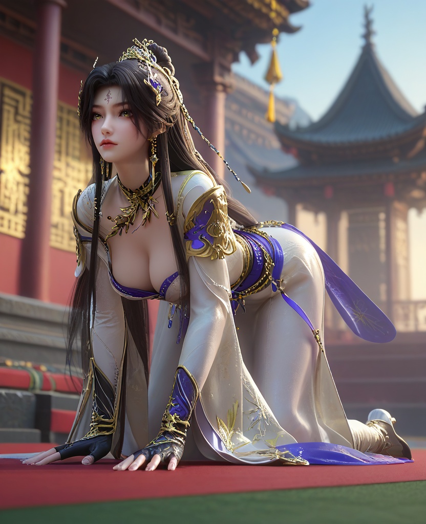 (oriental architecture, elegant decor, sophisticated style:1.1),(all fours, elbows resting on the ground,:1.1),(Long shot:1.1),(large breasts:1.2),<lora:XL16云深不知梦羲和缉魔司:0.95>,missxihe,white dress with tulle skirt,brown eyes,forehead mark,black hair,very long hair,half-up braid with long cascading hair,hair ornament,jewelry,earrings,black fingerless gloves,white thigh boots,wide flowing sleeves,blue violet bandeau,sash,, score_9,score_8_up,score_7_up,score_6_up,score_5_up,score_4_up,3d rendering,tag1,tag2, Cinematic Lighting,backlighting,