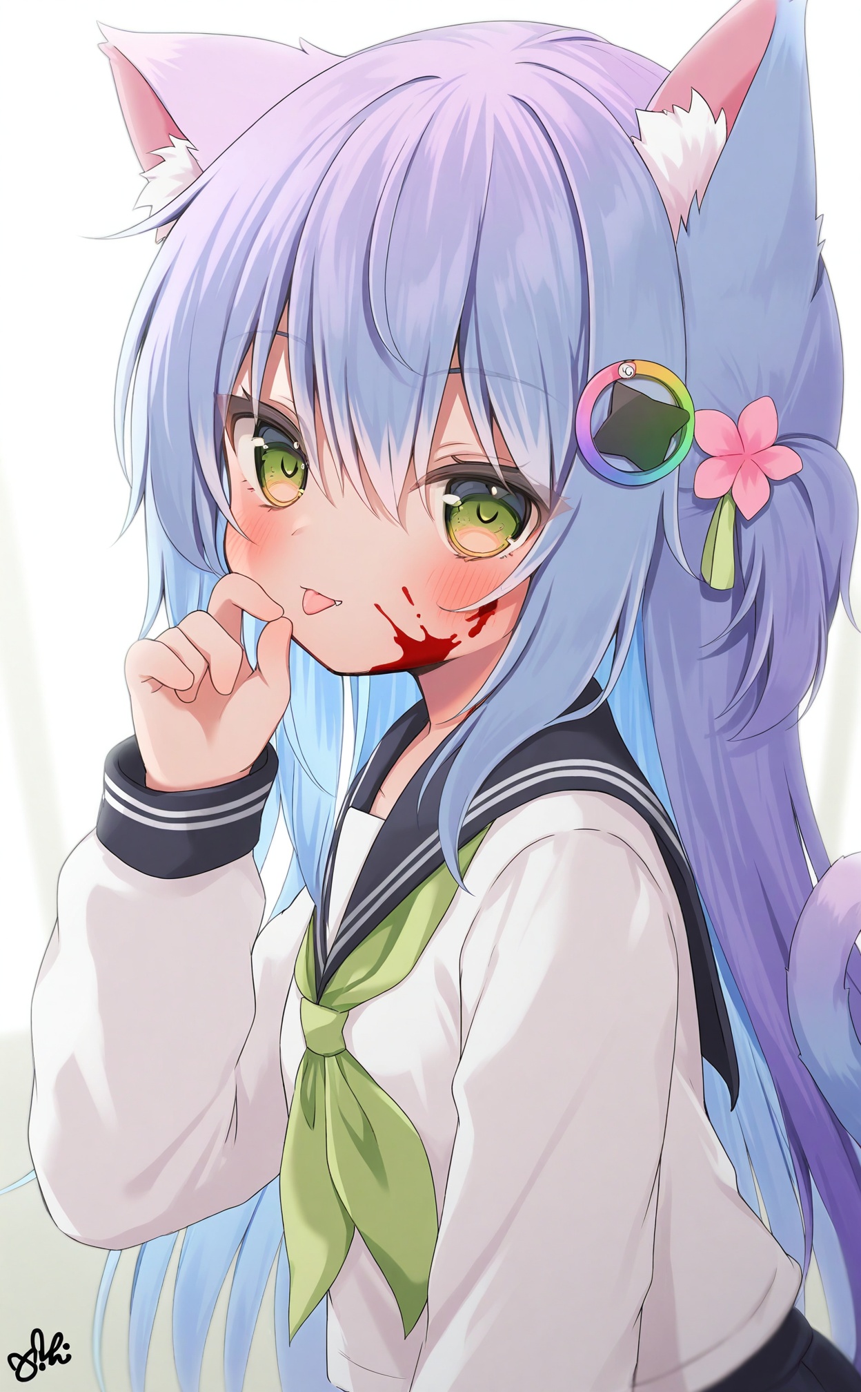 masterpiece,absurdres,best quality,loli,petite,high quality,chromatic_aberration,//,1girl, animal_ears, tail, cat_ears, solo, cat_tail, cat_girl, animal_ear_fluff, sailor_collar, long_sleeves, black_sailor_collar, tongue_out, blood_on_face, school_uniform, upper_body, tail_raised, tongue, green_eyes, serafuku, hair_ornament, closed_mouth, blood, neckerchief, signature, hand_up, fang, blush, depth_of_field, blurry, licking, shirt, flower, purple_hair, blue_hair, fang_out, green_neckerchief, hair_between_eyes, pink_flower, hair_flower//,<lora:nuhutya——【noob】hans:0.9>,