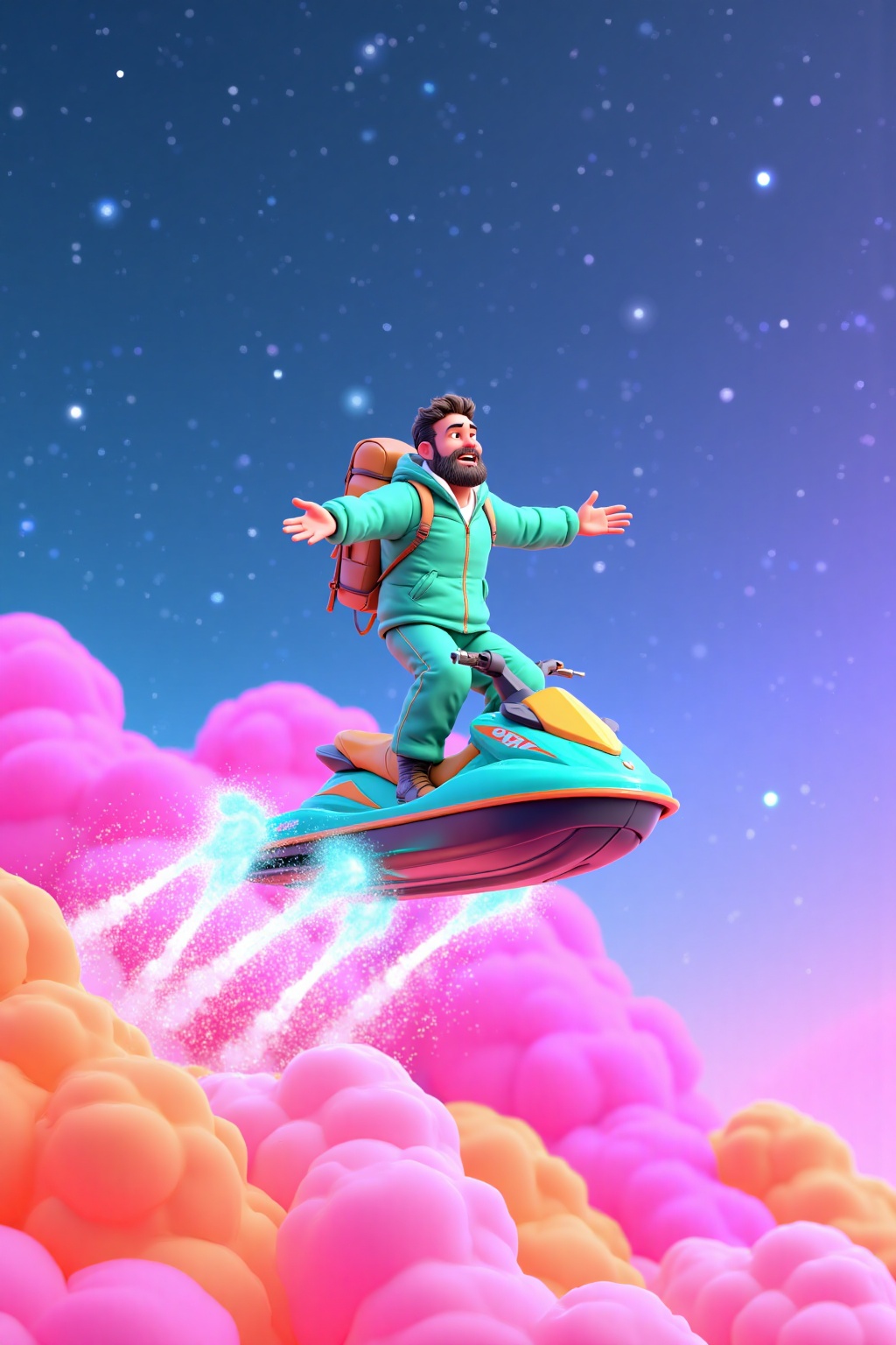 beijihui,a man in a green jacket and pants is flying a jet ski in the sky. The jet ski is suspended in the air, creating a vibrant contrast of pink and orange hues. The sky is a deep blue, dotted with white stars, adding a pop of color to the scene.