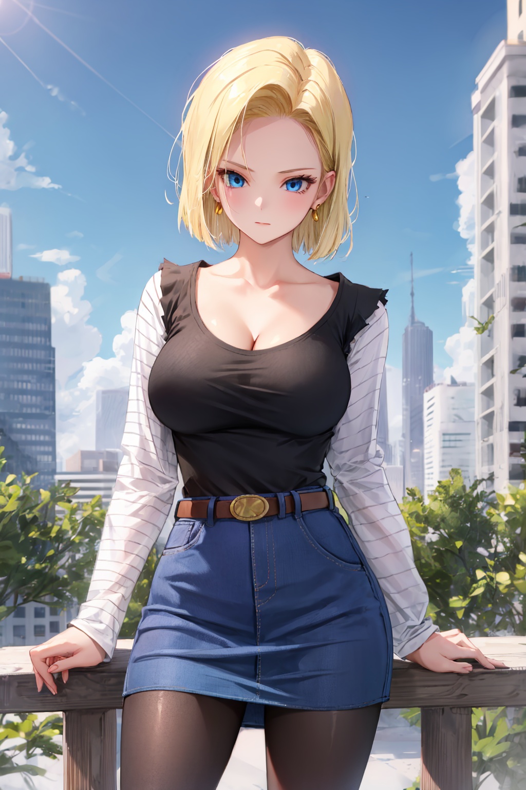 <lora:android18-lora-nochekaiser:1>,<lora:android_18_v110:0.4>,1girl,android 18,breasts,skirt,blonde hair,solo,blue eyes,outdoors,pantyhose,denim,earrings,short hair,jewelry,looking at viewer,long sleeves,belt,collarbone,shirt,day,black shirt,denim skirt,closed mouth,cleavage,building,black pantyhose,sky,blue sky,large breasts,blue skirt,bangs,shirt tucked in,high-waist skirt,medium breasts,cityscape,brown belt,cowboy shot,city,standing,