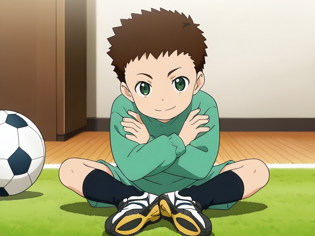 <lora:Ohta_Shou_XL:1>,do not split pictures,best quality,best detail,masterpiece,male focus,indoors,1boy,male_child,petite,brown hair,dark green eyes,Very short hair,loungewear,football shoes,sport socks,smile,arms_crossed,perfect hands,(5fingers:1.3),correct anatomy,soccer ball,foot on the football,huge filesize,available light,front view,depth of field,