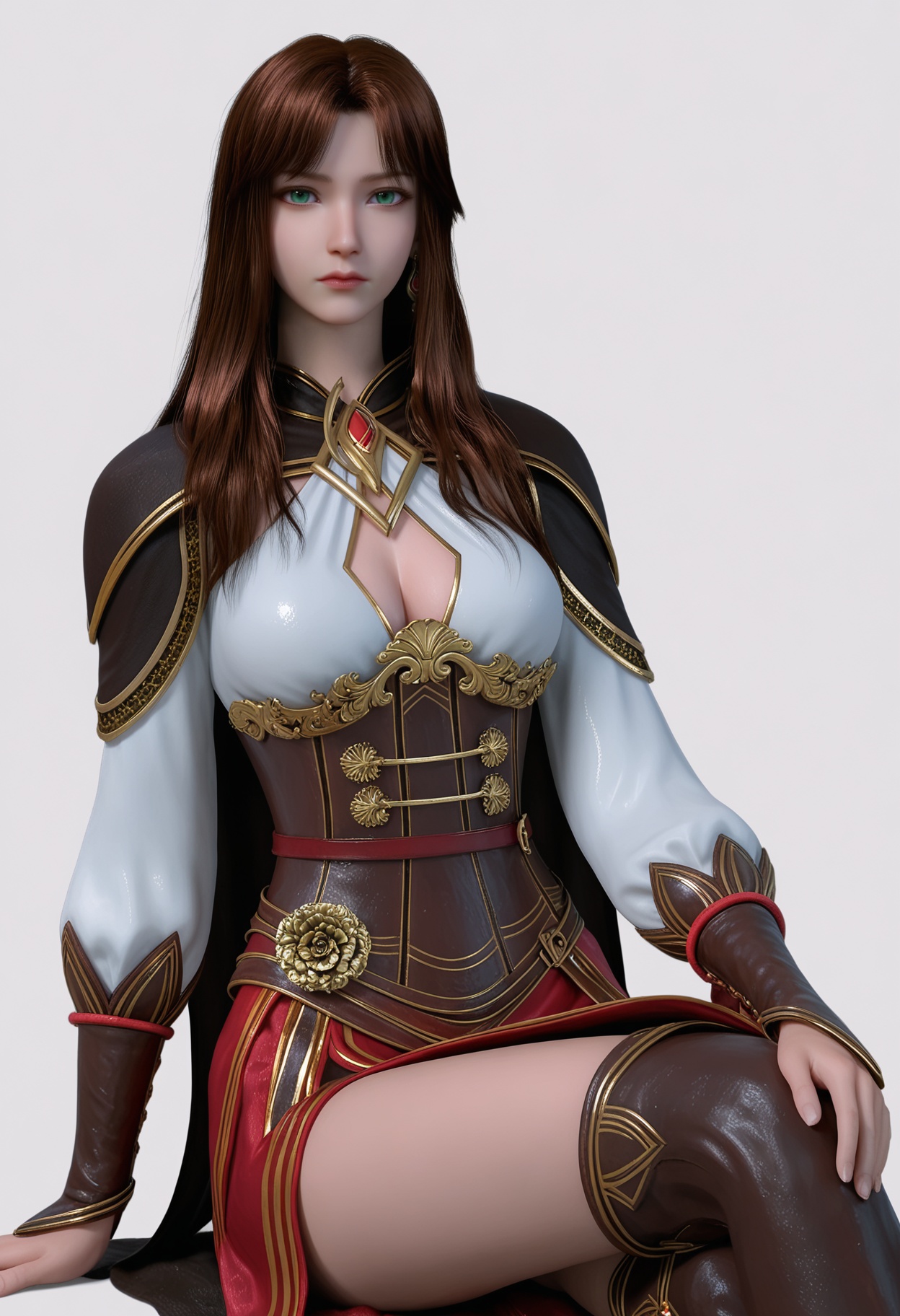 score_9,high detail,best quality,shiny skin,shiny,hedisaixier,1girl,solo,green eyes,long hair,brown hair,white background,breasts,cleavage,simple background,closed mouth,cleavage cutout,clothing cutout,lips,long sleeves,cape,skirt,jewelry,realistic,earrings,corset,looking at viewer,thighs,<lora:QQSponyhedisaixierV1:0.8>,<lora:Pony_DetailV2.0:0.8>,<lora:皮肤凹痕:0.1>,