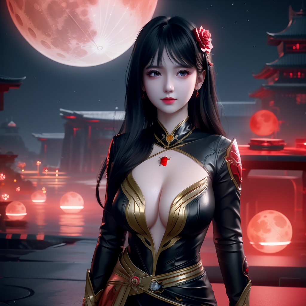 <lora:739-DA-斗破苍穹-慕青鸾:0.8>, (,1girl, ,best quality, ),looking at viewer,  ,,ultra detailed background,ultra detailed background,ultra realistic 8k cg,, ,masterpiece, (( , )),, ,science fiction,mole, ,    ,red moon, black rose,     (cleavage), (),
