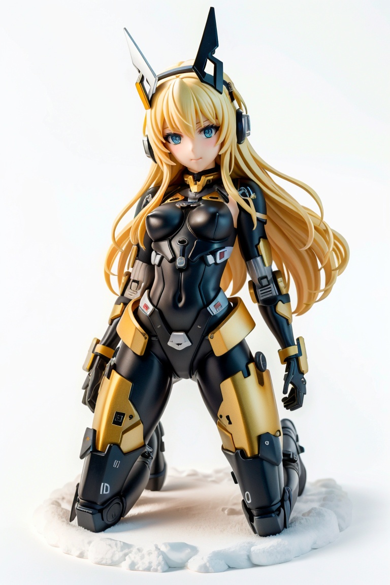 ((HRD, HUD, 8K)),((masterpiece, best quality)), highly detailed, soft light,Mecha, 1girl, solo, long hair, white background, one knee, kneeling, simple background, cyborg, bodysuit, blonde hair, full body, science fiction, helmet,﻿﻿ <lora:20240427-1714184585124:0.7>