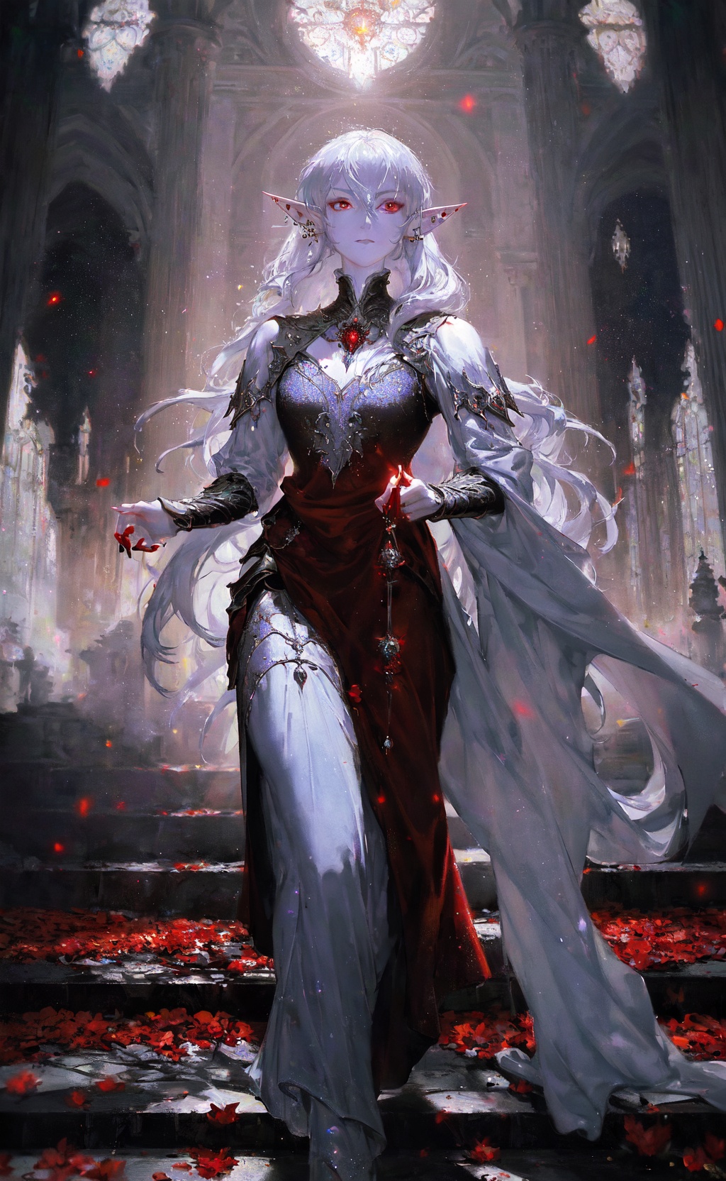 masterpiece,  best quality,  regal elegant drow elf walking down porcelain steps on Tensor.Art