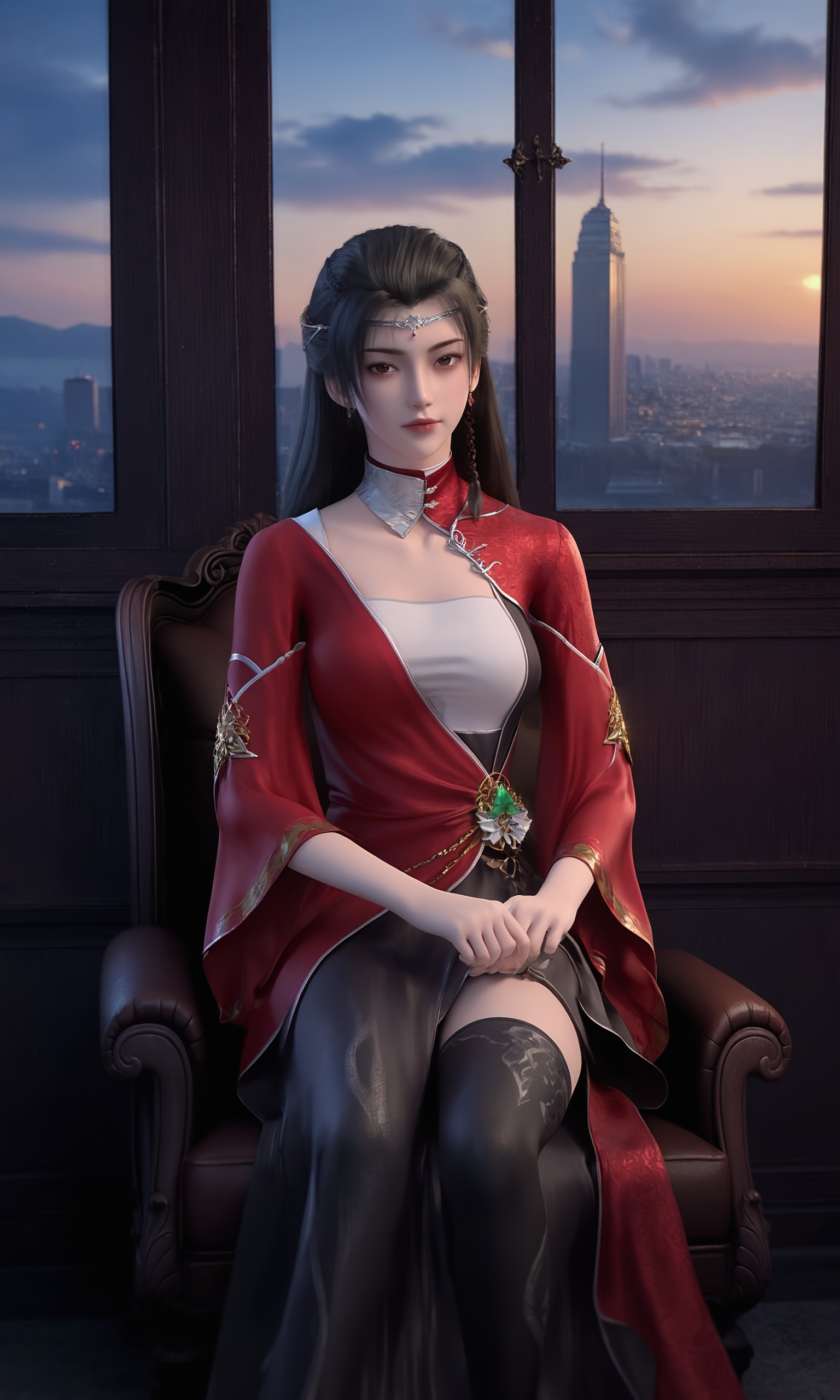 <lora:紫川-流风霜Pony:0.8>,1girl,straight,long black hair,silver tiara-like headpiece,striking red outfit with intricate gold embroidery,long,flowing sleeves,high-collared,form-fitting bodice,black,large,ornate brooch with a green gem,long,black skirt,thigh-high black stockings,black boots,, 1girl,solo,sitting,window,frills,sky,cloud,indoors,cityscape,closed_mouth,sun,looking at viewer,