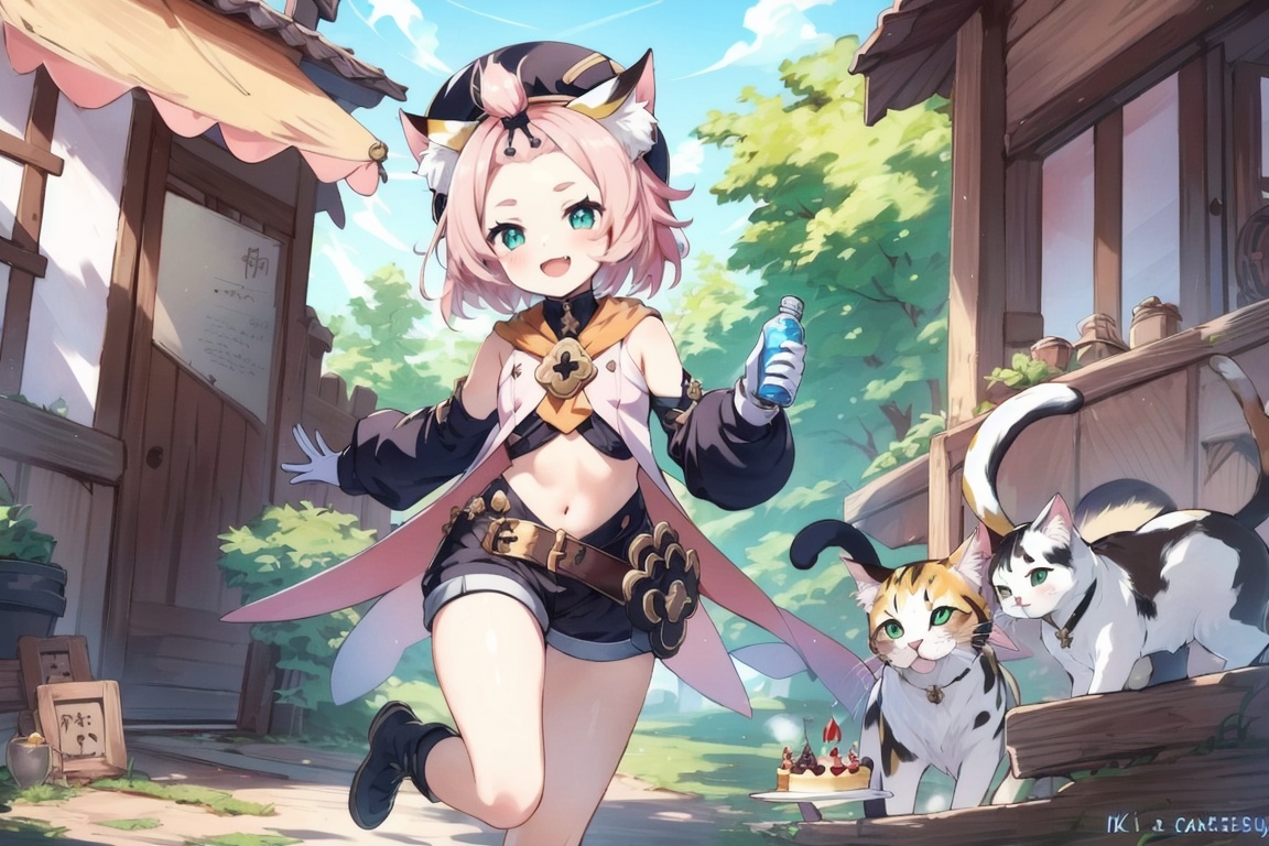 ((HRD, HUD, 8K)),((masterpiece, best quality)), highly detailed,Diona, 1girl, animal ears, cat ears, tail, food, diona (genshin impact), pink hair, cat tail, short hair, green eyes, hat, cat girl, looking at viewer, solo, detached sleeves, paw print, cat, smile, shorts, fruit, animal ear fluff, bangs pinned back, cake, open mouth, gloves, holding, :d, thick eyebrows, navel, fang, bottle, white gloves, boots, <lora:20240701-1719821584874:0.75>