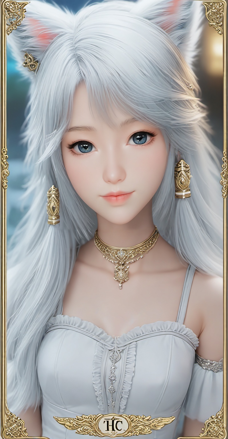 Close-up details,outstanding style,adding a touch of dimension to your images without compromising details,<lora:银月XL:0.8>,yinyue,white hair,fake animal ears,fox_ears,blue eyes,fair_skin,long hair,jewelry,earrings,1girl,solo,earrings,jewelry,looking at viewer,breasts,tarot,collarbone,upper body,dress,closed mouth,card \(medium\),tarot \(medium\),frills,border,whirls of vapor,iridescent textures,(Anime:1.1),soft neon light,ethereal ambiance,delicate details,magical atmosphere,concept art,highly detailed,ultra-high resolution,32K UHD,sharp focus,best-quality,masterpiece,golden hour,unconventional supreme masterpiece,masterful details,temperate atmosphere,in the style of fashion photography,cover,Dynamic Angle,with a high-end texture,Dynamic posture,