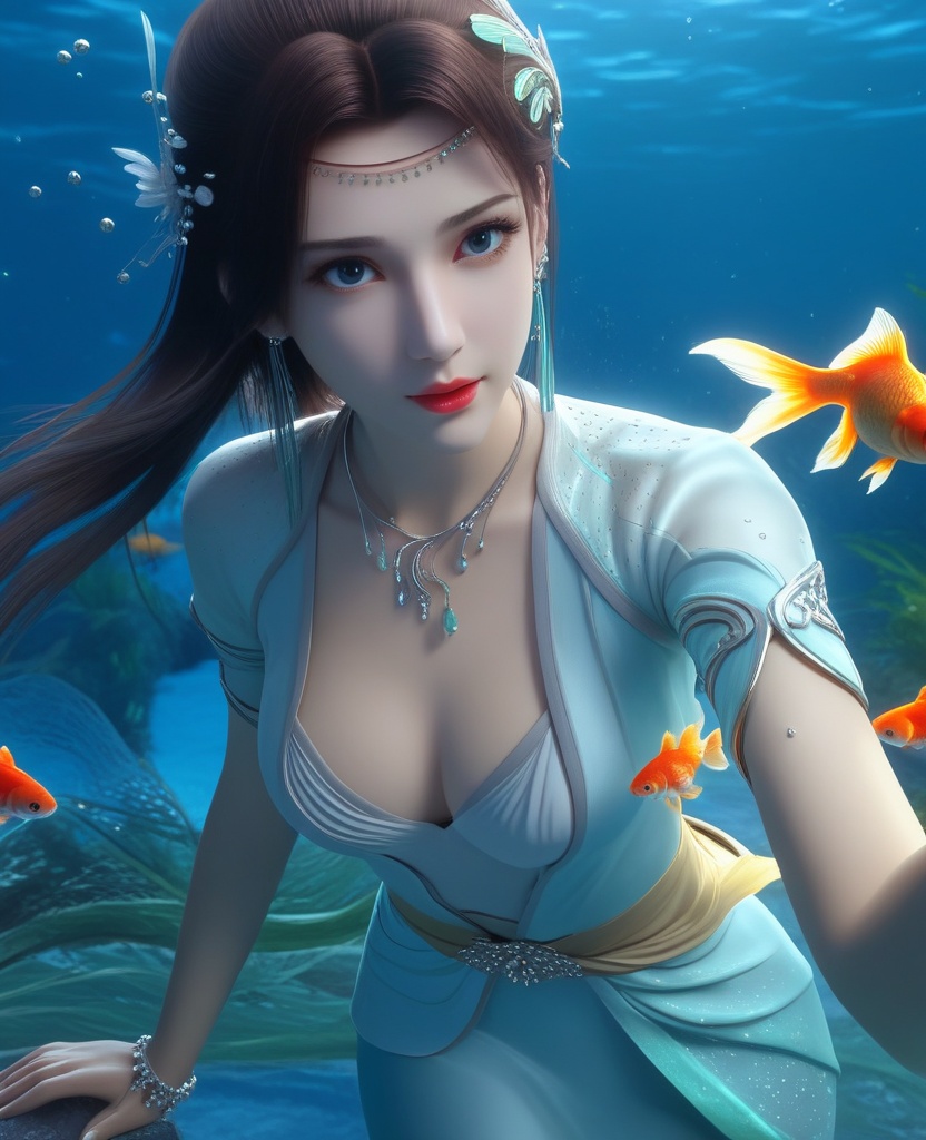 <lora:575-DA-XL-斗破苍穹-云韵-绿服:0.8>(,1girl, ,best quality, ),looking at viewer,masterpiece, ((((, solo,  goldfish, ,solo focus, ,underwater, )))) ,ultra realistic 8k cg,   clean, masterpiece,     cinematic lighting, cinematic bloom,  (( , )),, , unreal, science fiction, luxury, jewelry, diamond, gold, pearl, gem, sapphire, ruby, emerald, intricate detail, delicate pattern, charming, alluring, seductive, erotic, enchanting, hair ornament, necklace, earrings, bracelet, armlet,,(cleavage),