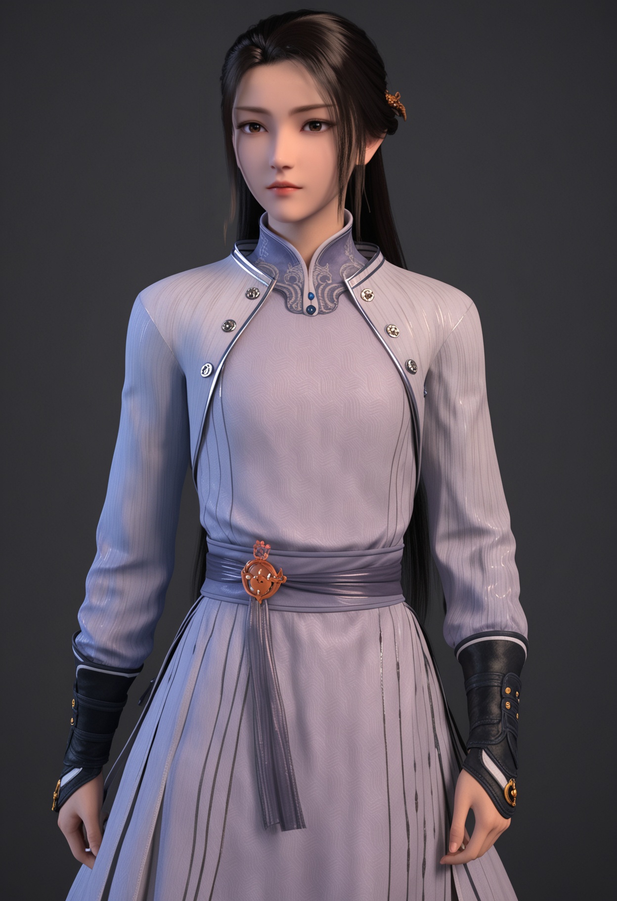 (looking_at_viewer:1.2),(upper_body:1.2),<lora:YQ_pony_lihanyi_V5:0.8>,q1528437228,solo,black hair,long hair,1girl,chinese clothes,long sleeves,brown hair,brown eyes,black eyes,hair ornament,dress,black footwear,jacket,half updo,sash,arm guards,china dress,simple background,pure black background,