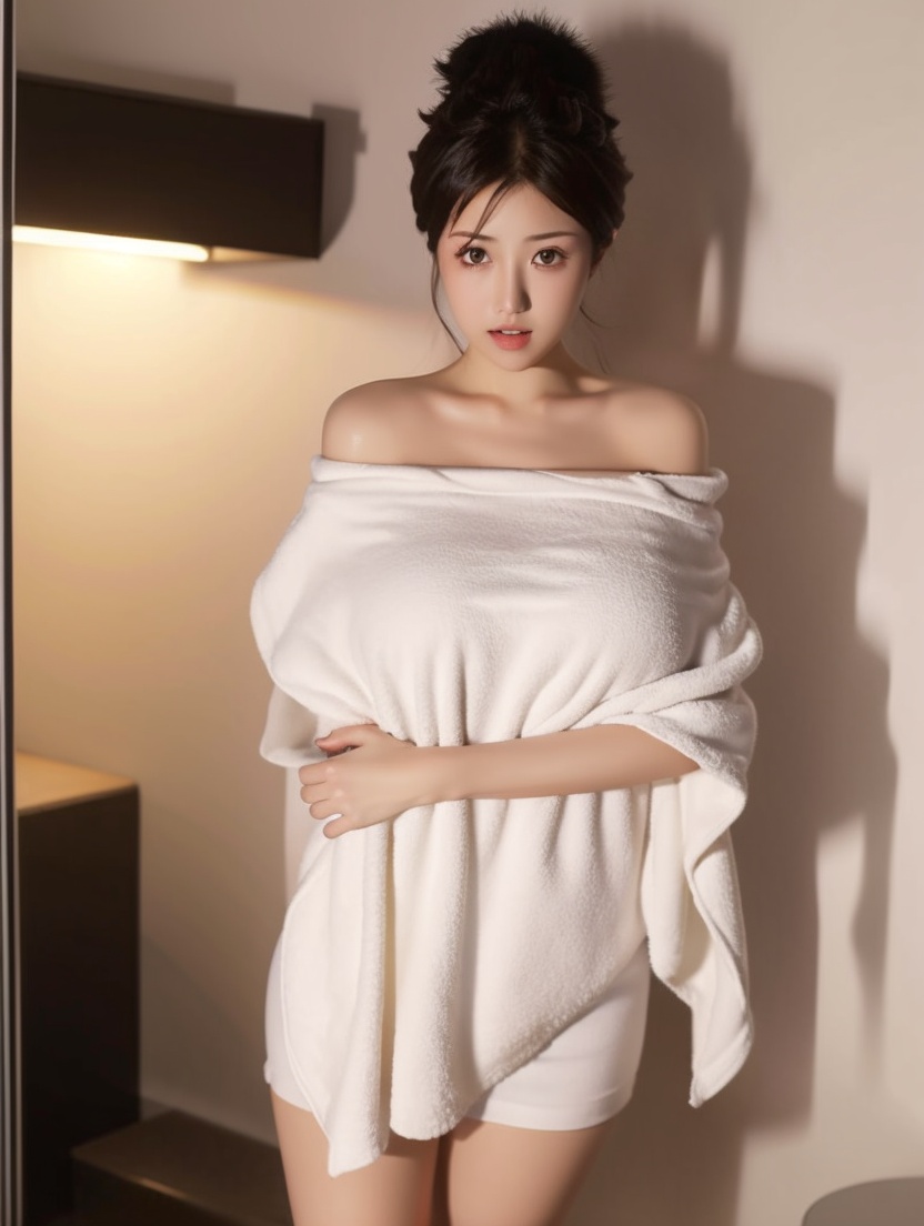 (best quality:1.4),(masterpiece:1.3),finely detailed,big breasts,1girl,solo,standing,<lora:性感浴袍毛巾套装-000006:0.8>,killer,naked towel,towel,