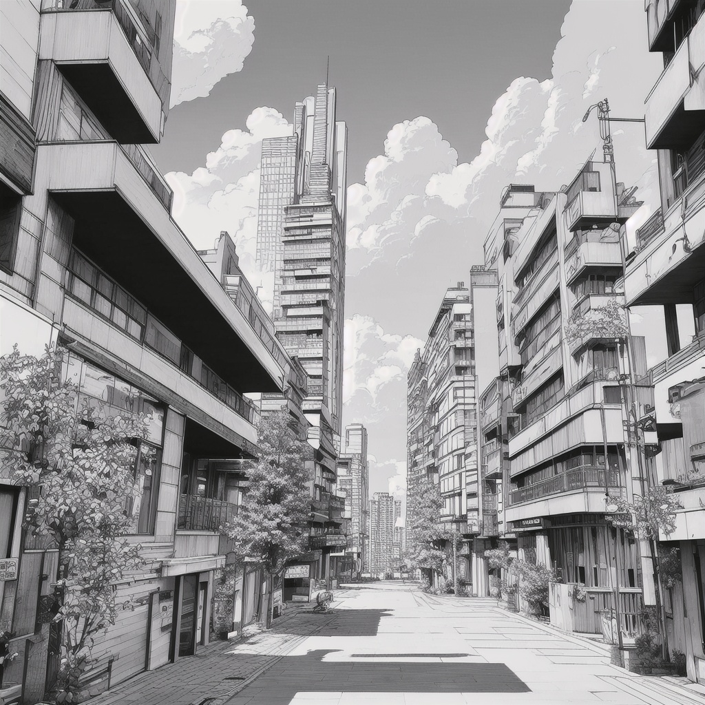 jiedao,greyscale,monochrome,scenery,traditional media,outdoors,<lora:素描街道test-0000010:0.8>,scenery,building,street,City center,commercial skyscrapers,bustling streets,(modernist:1.2) design,(blue sky:1.2),daytime,masterpiece,best quality,tree,cloud,, masterpiece, best quality,