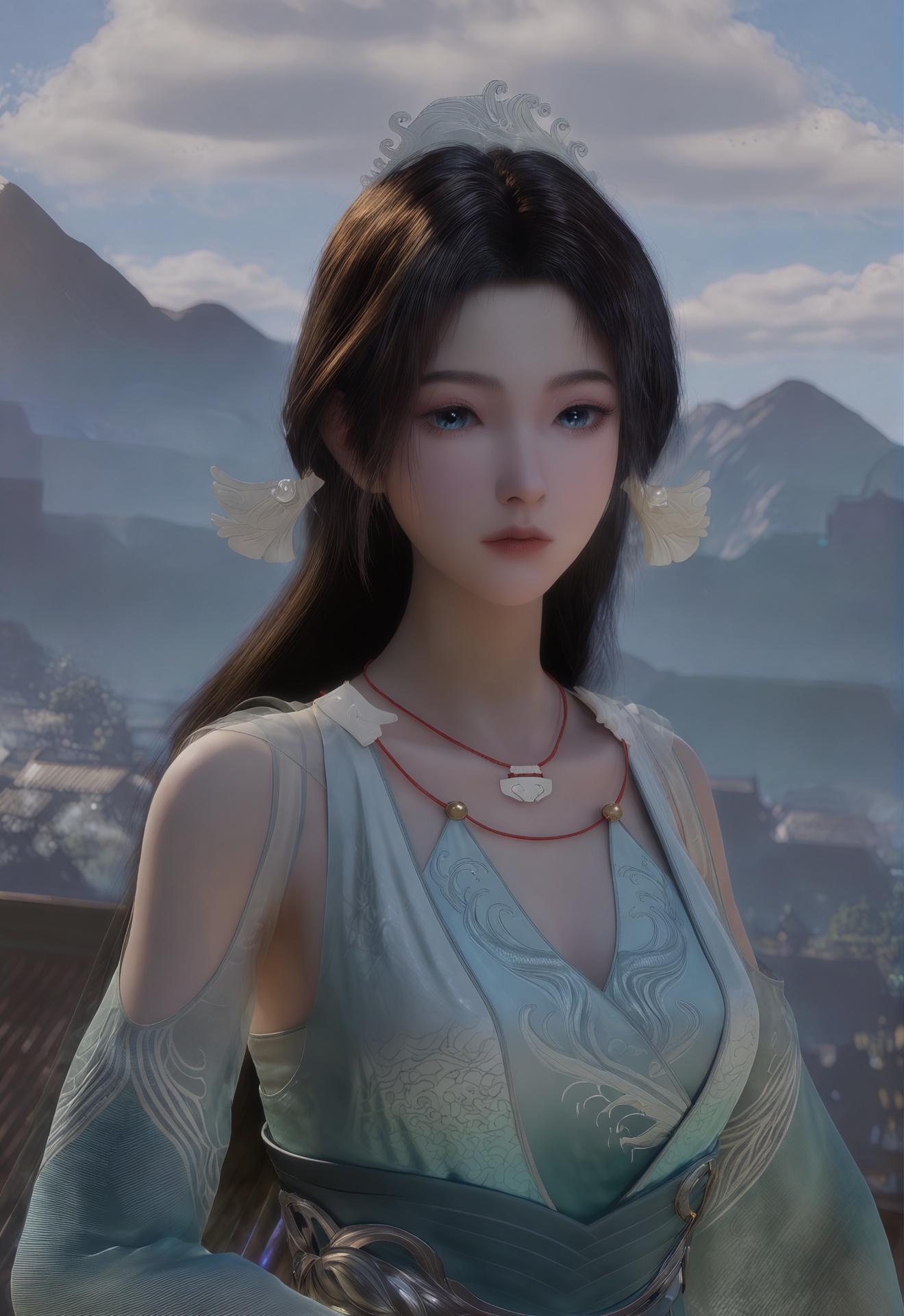 score_9,1girl,solo,jewelry,long hair,mountain,sky,necklace,dress,hair ornament,cloud,upper body,blue dress,brown hair,blue sky,clothing cutout,expressionless,outdoors,sash,closed mouth,<lora:宋玉:1>,