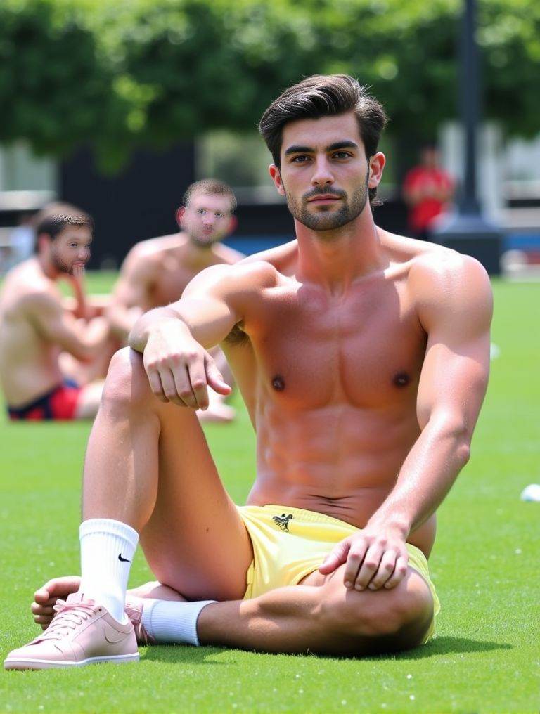 Ferran Torres ,  Instagram Thirst trap photo. sitting on the grass in a public park in London. he's only wearing a pair of...
