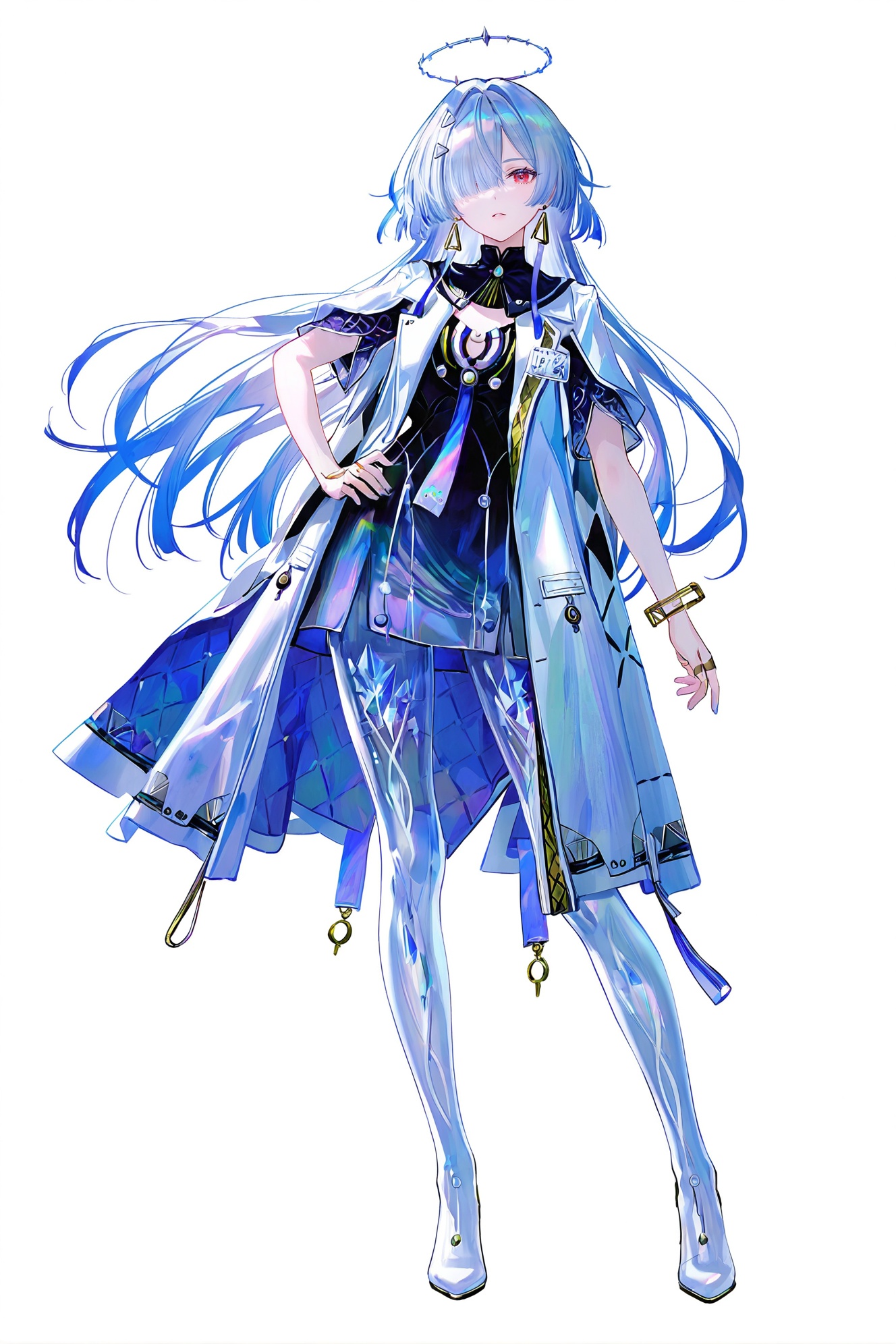 8k,best quality,masterpiece,(ultra-detailed),(high detailed skin),((artist:reoen),(artist:fuzichoco),(artist:atdan),(artist:torino_aqua),year 2024:0.8)1girl,[artist:wlop],[artist:ningen_mame],artist:ciloranko,[[artist:rhasta]],artist:tidsean,colorful,full body,full shot,standing,(solo:1.2),simple background,(white background:1.2),hand on own hip,(white background:1.1),looking at viewer,<lora:Mornye-will-Tanger:0.8>,Mornye \(Wuthering Waves\),clothes: Mornye def grey-and-black skirt,see-through legs,1girl,halo,jewelry,long hair,hair over one eye,earrings,grey hair,bracelet,red eyes,