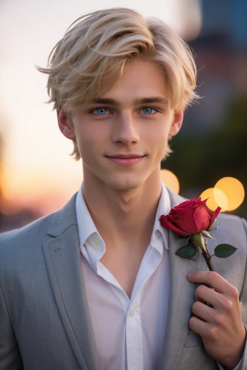 A beautiful 18-year-old boy with blonde hair,  blue eyes,  and a sweet smile stands before you. He is wearing a white shir...