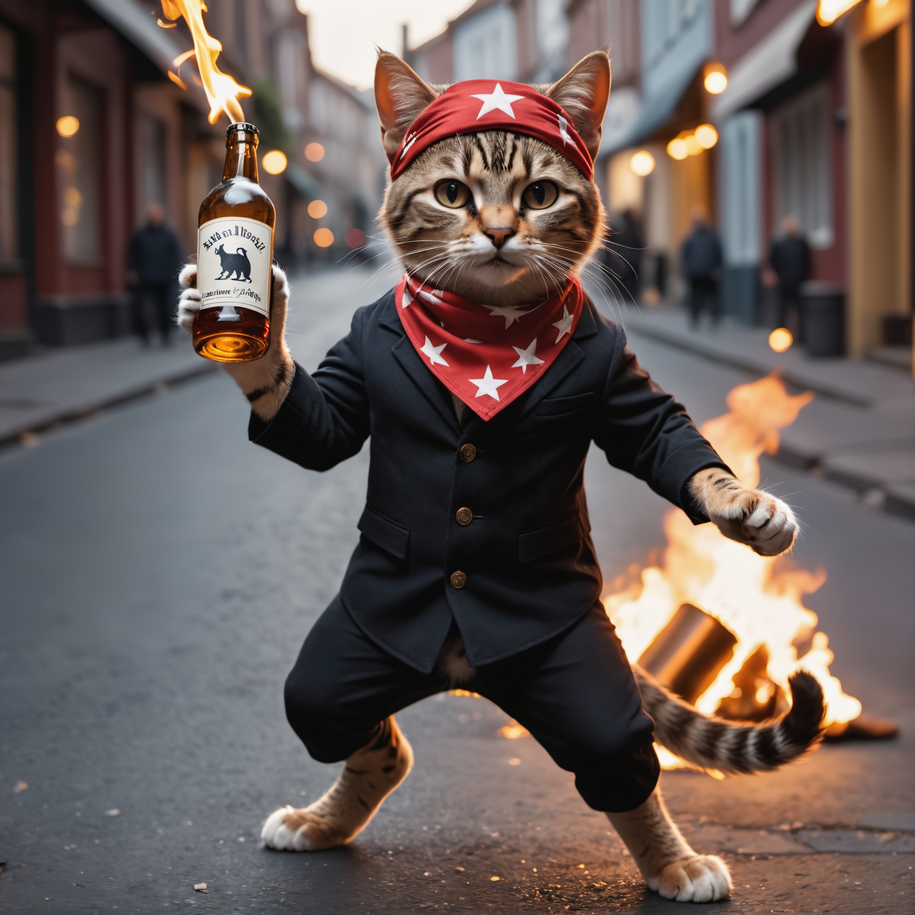 cinematic film still cute anthro protest cat cat in a street riot throwing a burning bottle with a lid ,  he is wearing a...