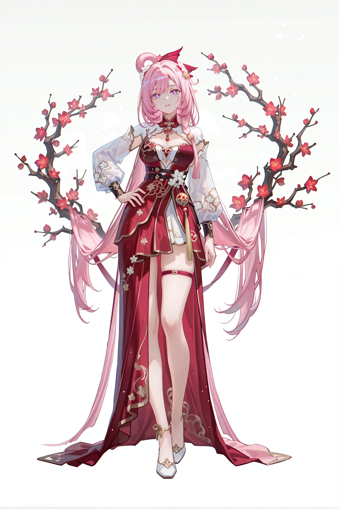 8k,best quality,masterpiece,(ultra-detailed),(high detailed skin),((artist:reoen),(artist:fuzichoco),(artist:atdan),(artist:torino_aqua),year 2024:0.8)1girl,[artist:wlop],[artist:ningen_mame],artist:ciloranko,[[artist:rhasta]],artist:tidsean,colorful,full body,full shot,standing,(solo:1.2),simple background,(white background:1.2),hand on own hip,(white background:1.1),<lora:Elysia-ill-Tanger:0.8>,elysia \(honkai impact\),Elysiacn,clothes: Elysiacn red-and-pink chinese dress,Elysiacn hair ornament,1girl,pink hair,pointy ears,breasts,long hair,elf,purple eyes,flower,bangs,hair flower,diamond-shaped pupils,Peach branch with peach blossom,asymmetrical dress,