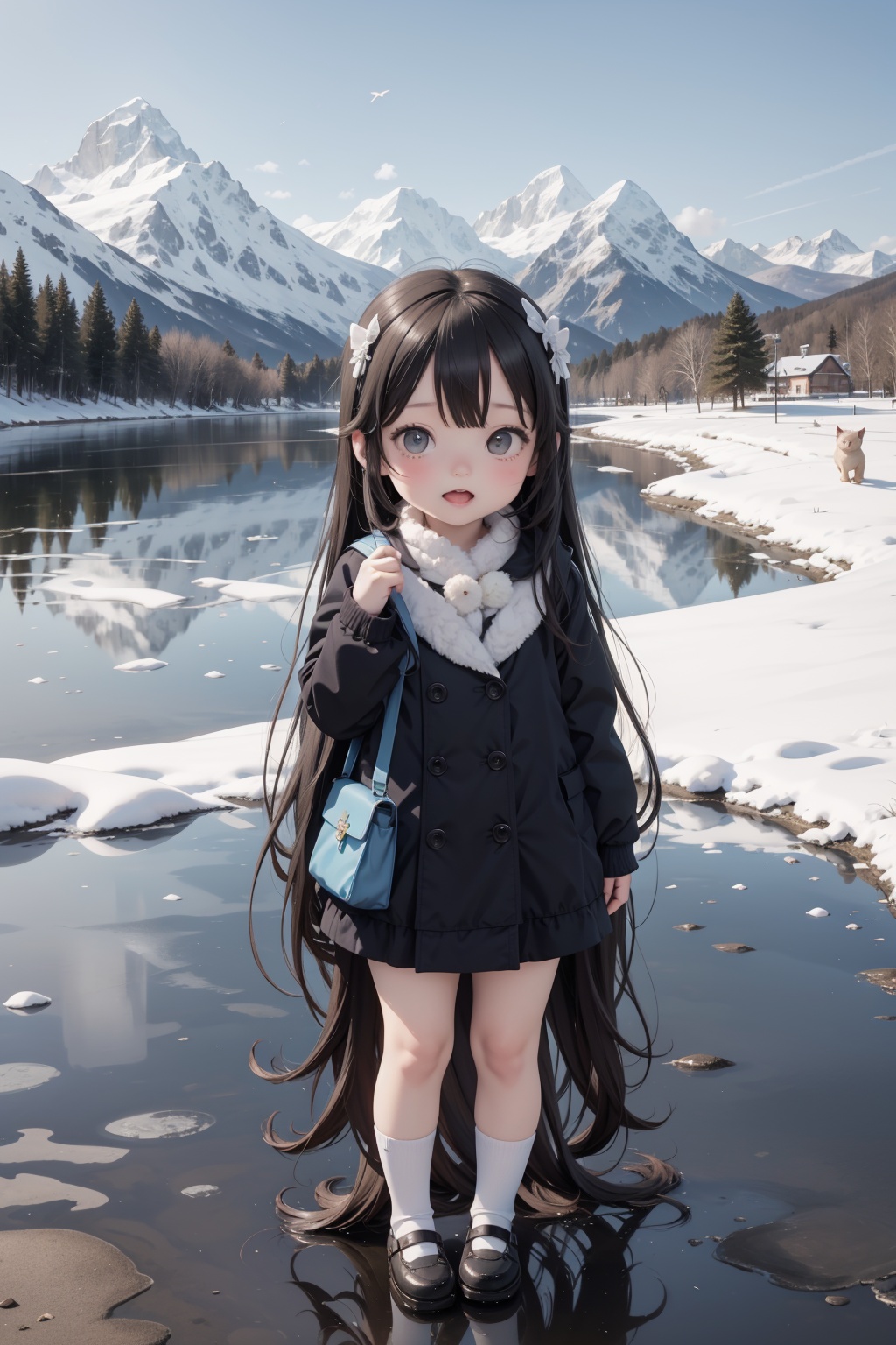 A group of British shorthair cats in stylish sunglasses,surprised,cute,laughing,outdoors,sky,day,blue sky,no humans,scenery,snow,reflection,ice,mountain,motion blur,lake,frozen,Anime style,.,(loli:1.5),(5yo:1.5),(very_long_hair,:1.3),