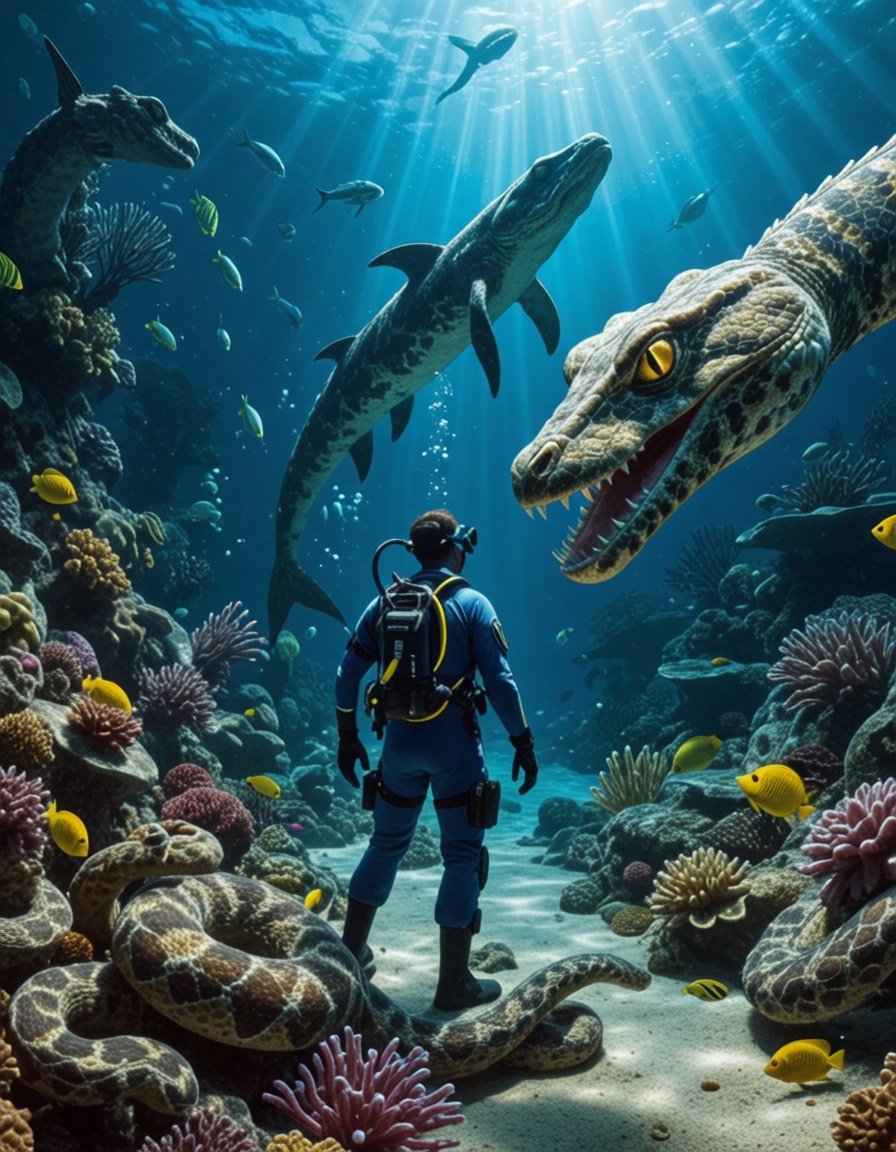 Small floating diver infront of a Massive snake serpent with Fangs and Glowing eyes,  Undersea Depths,  Air bubbles on Ten...