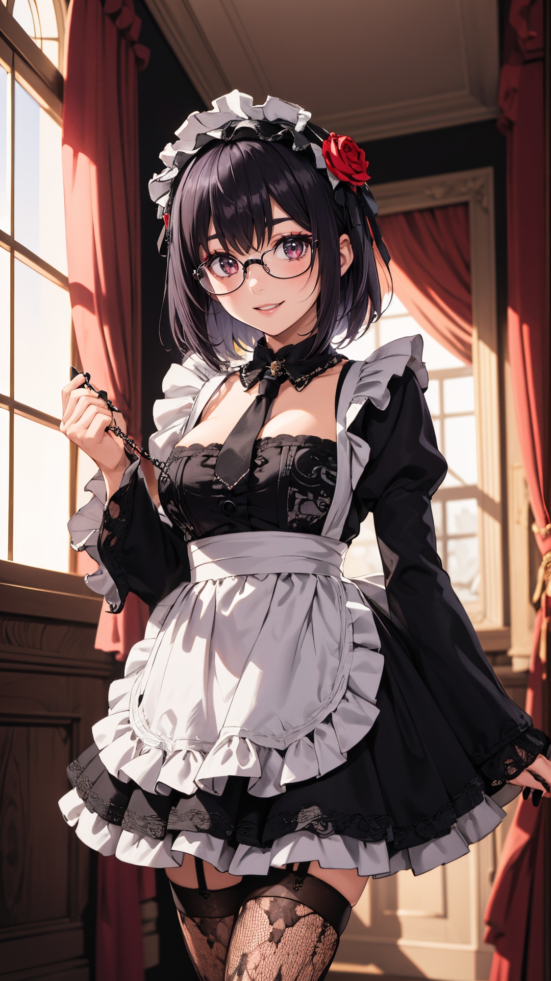 tutututu,1girl,solo,Kuroe Shizuku,lolita fashion,apron,pantyhose,gothic lolita,black dress,frills,hair flower,hair ornament,chain leash,black nails,wide sleeves,lace trim,long sleeves,rose,black footwear,black necktie,maid,fishnets,maid headdress,detached collar,red flower,thighhighs,hairband,chain,floral print,lolita hairband,garter straps,black thighhighs,lace,<lora:Kuroe Shizuku_Lolita-000007:0.45>,A photo of a young woman. (looking at the viewer). (short messy dark hair),(slender),(dark lips),flirting with the camera,(square glasses),(dark makeup),(jewelry),(smiling),(dyed hair, hair color),(well lit, warm natural light),ornate lavish rich aristocrat royal mansion,music room,art,drapes,curtains,carpets,rugs,doors,(chaise lounge) (confident, seductive, dominant, intimidating),